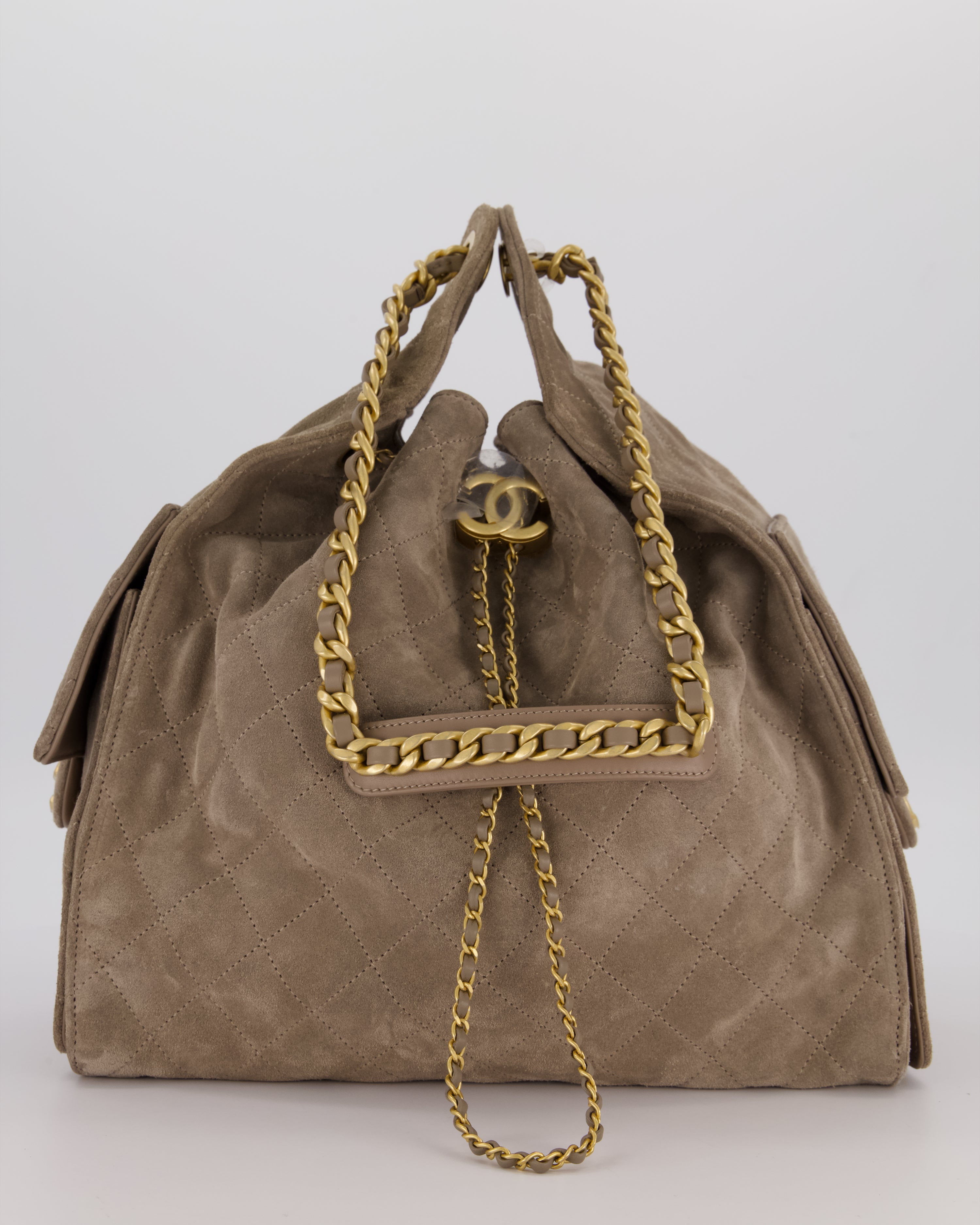 Chanel Taupe 25 Medium Handbag in Suede Calfskin Leather with Champagne Gold Hardware