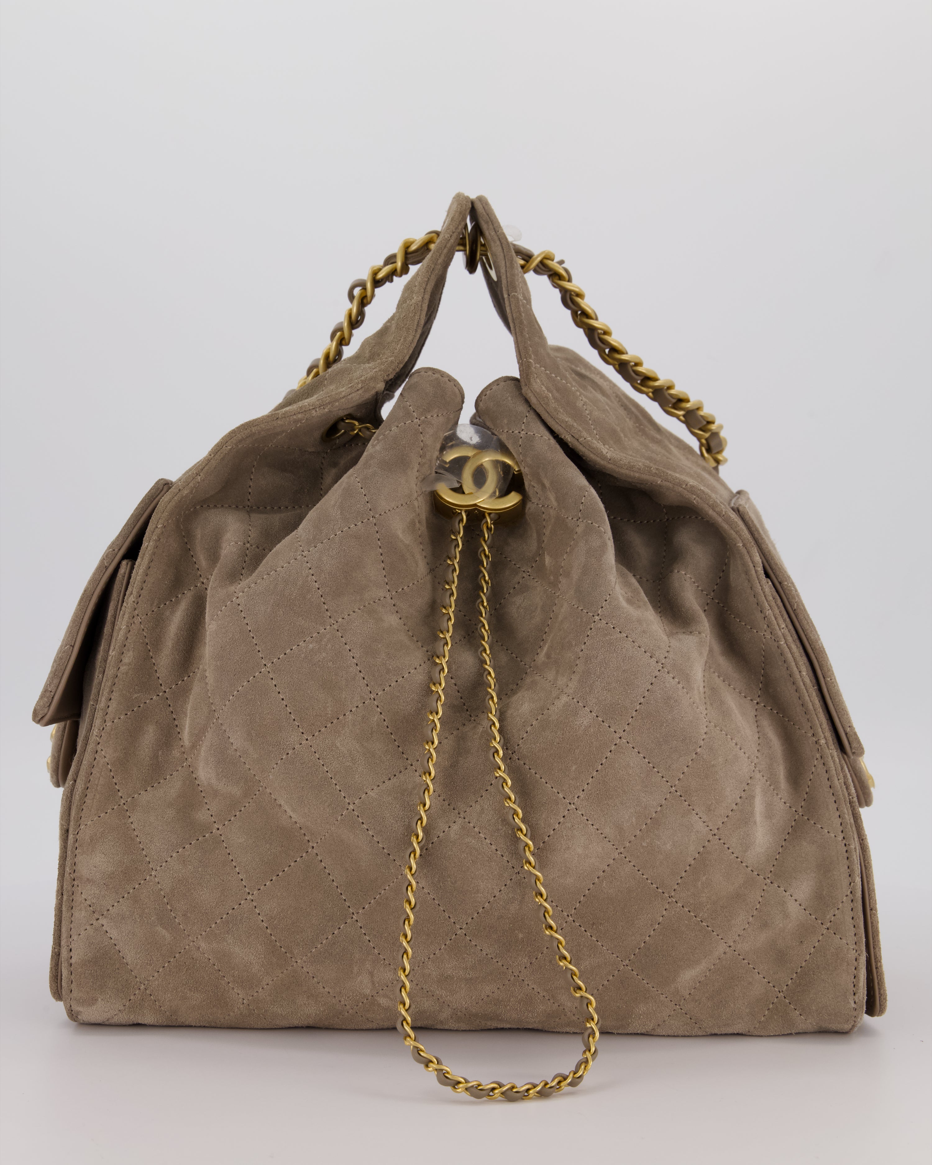 Chanel Taupe 25 Medium Handbag in Suede Calfskin Leather with Champagne Gold Hardware