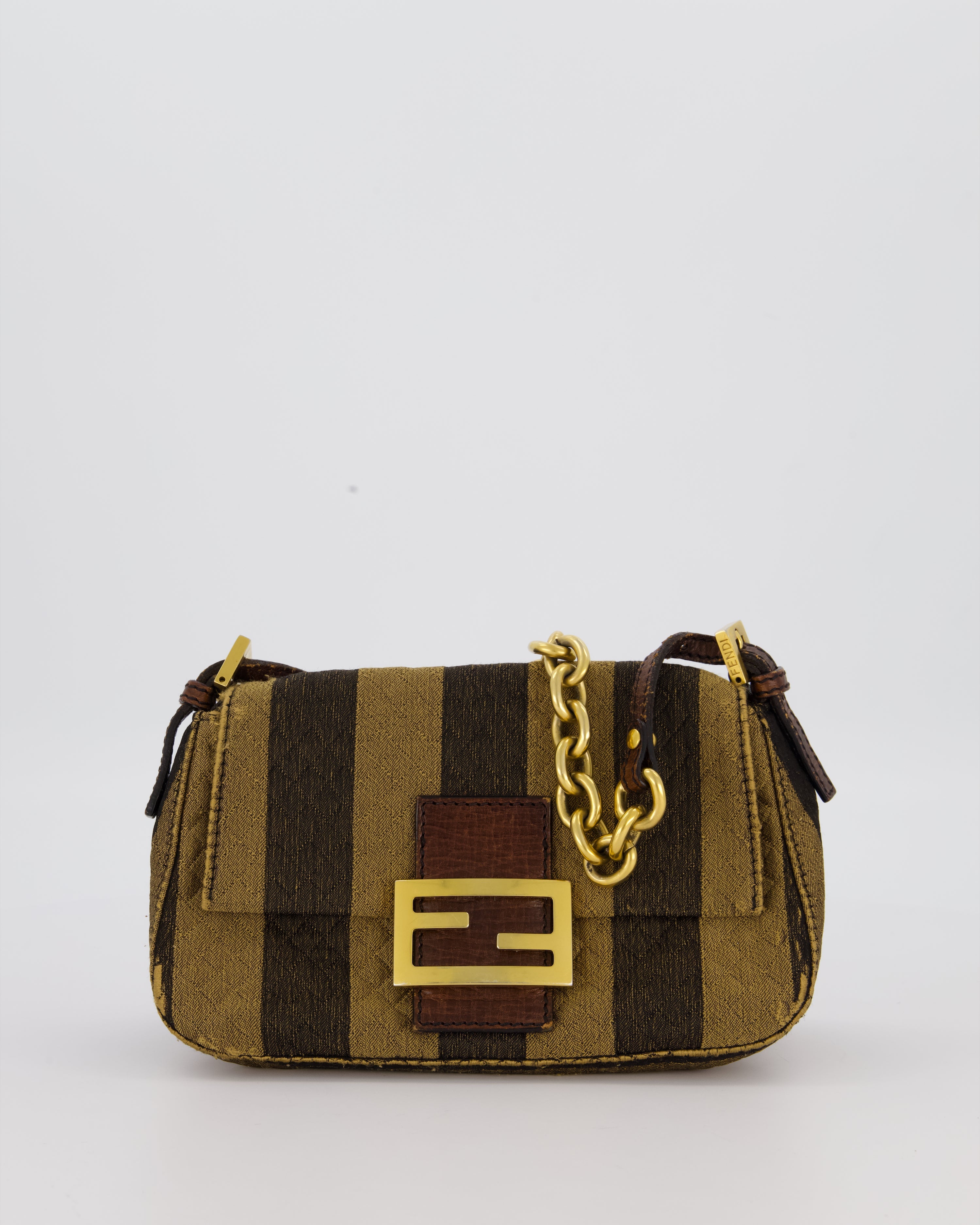 Fendi Vintage Mini Mamma Baguette Bag in Striped Brown with Gold Hardware