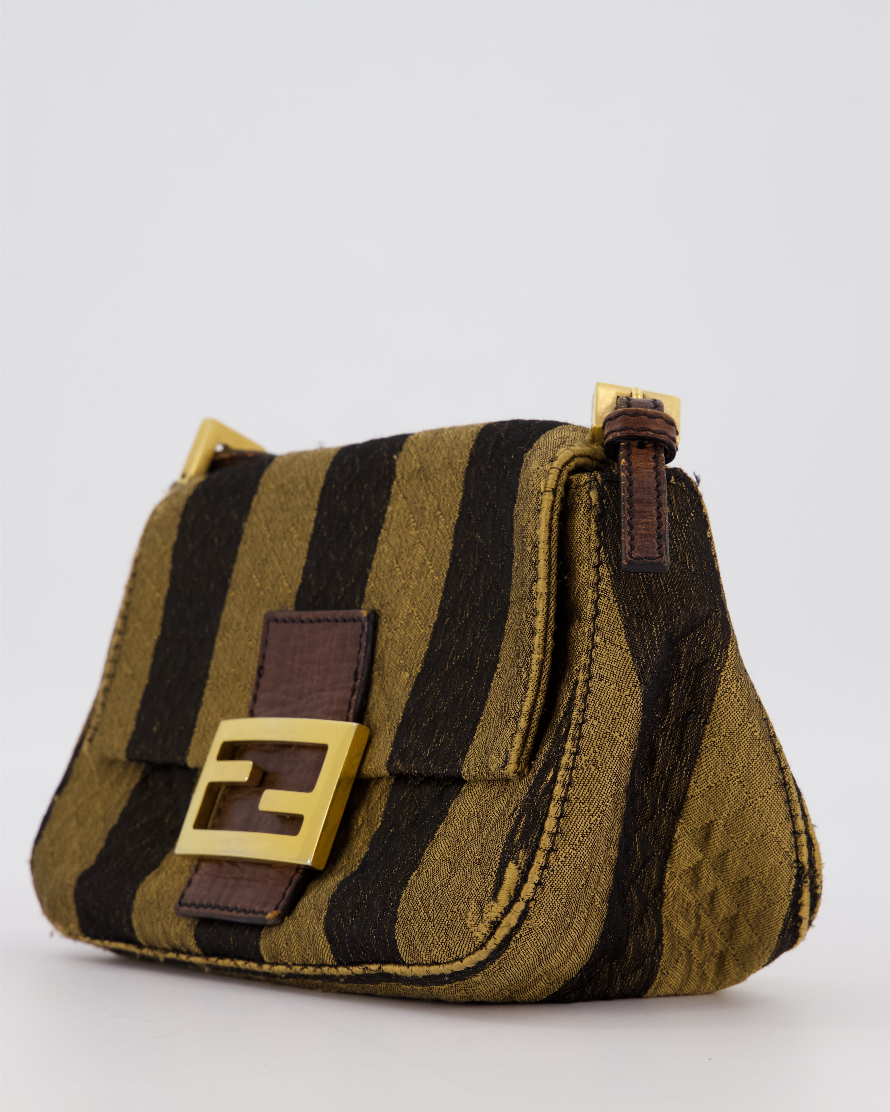 Fendi Vintage Mini Mamma Baguette Bag in Striped Brown with Gold Hardware