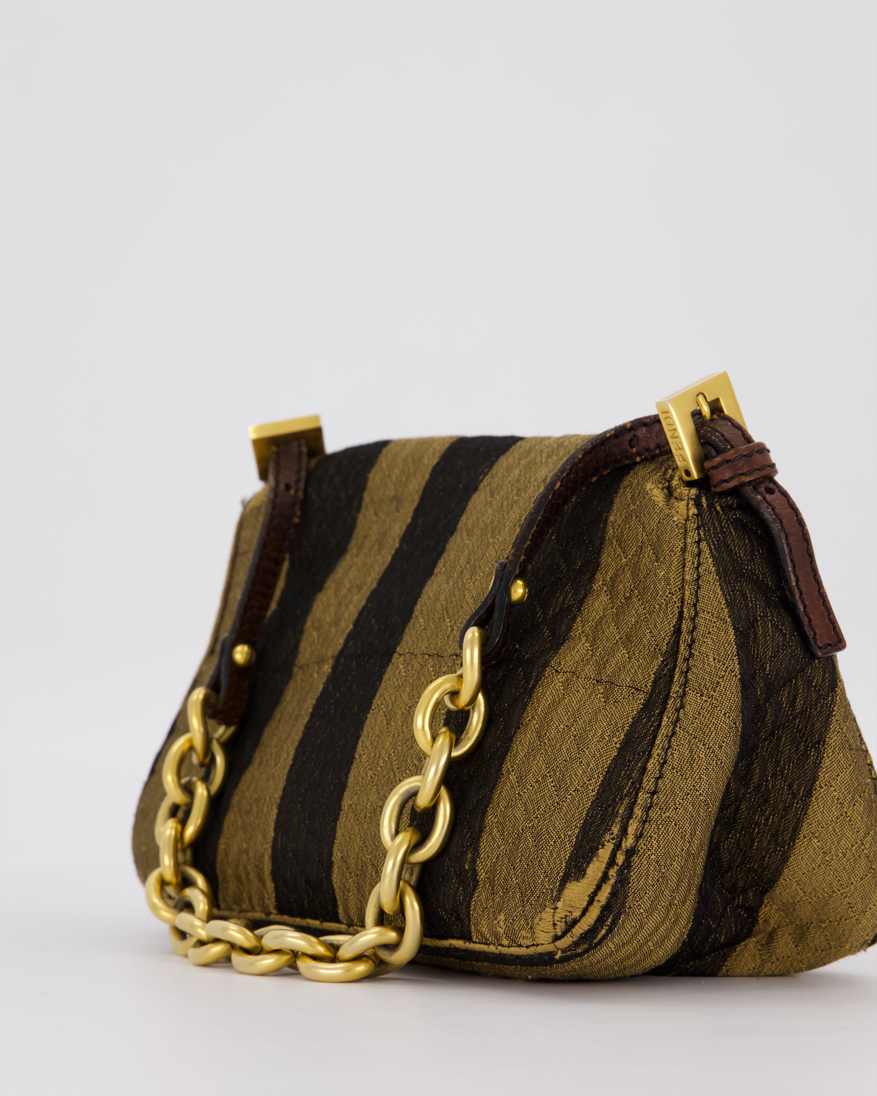 Fendi Vintage Mini Mamma Baguette Bag in Striped Brown with Gold Hardware