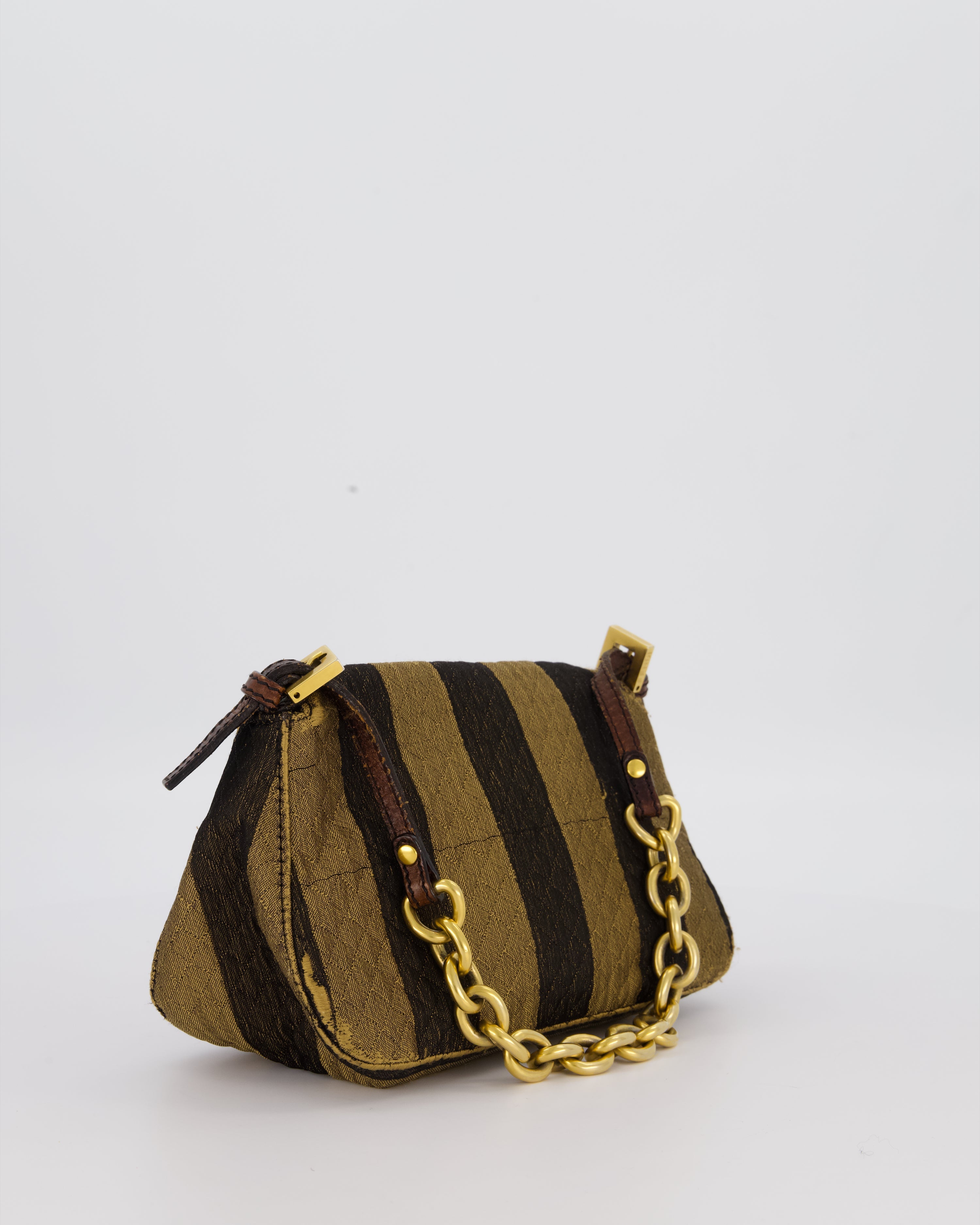 Fendi Vintage Mini Mamma Baguette Bag in Striped Brown with Gold Hardware