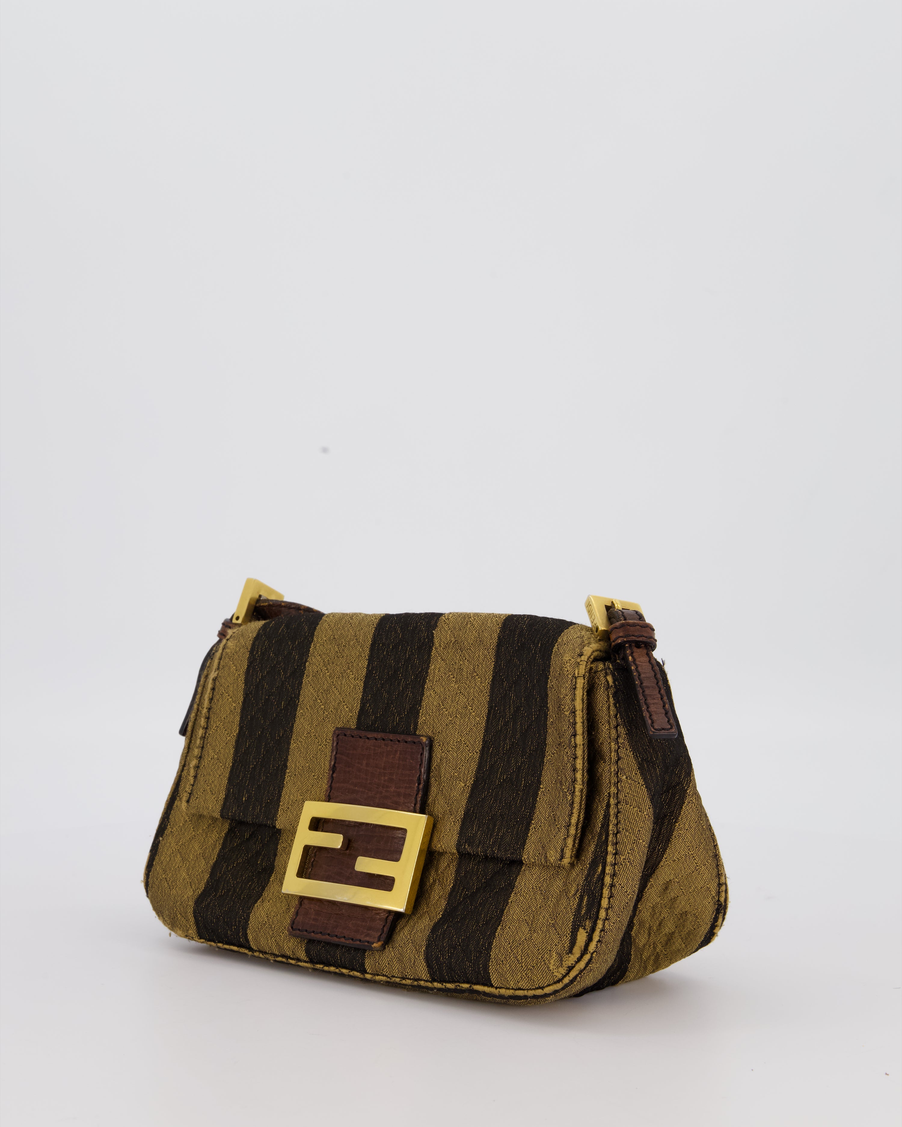 Fendi Vintage Mini Mamma Baguette Bag in Striped Brown with Gold Hardware
