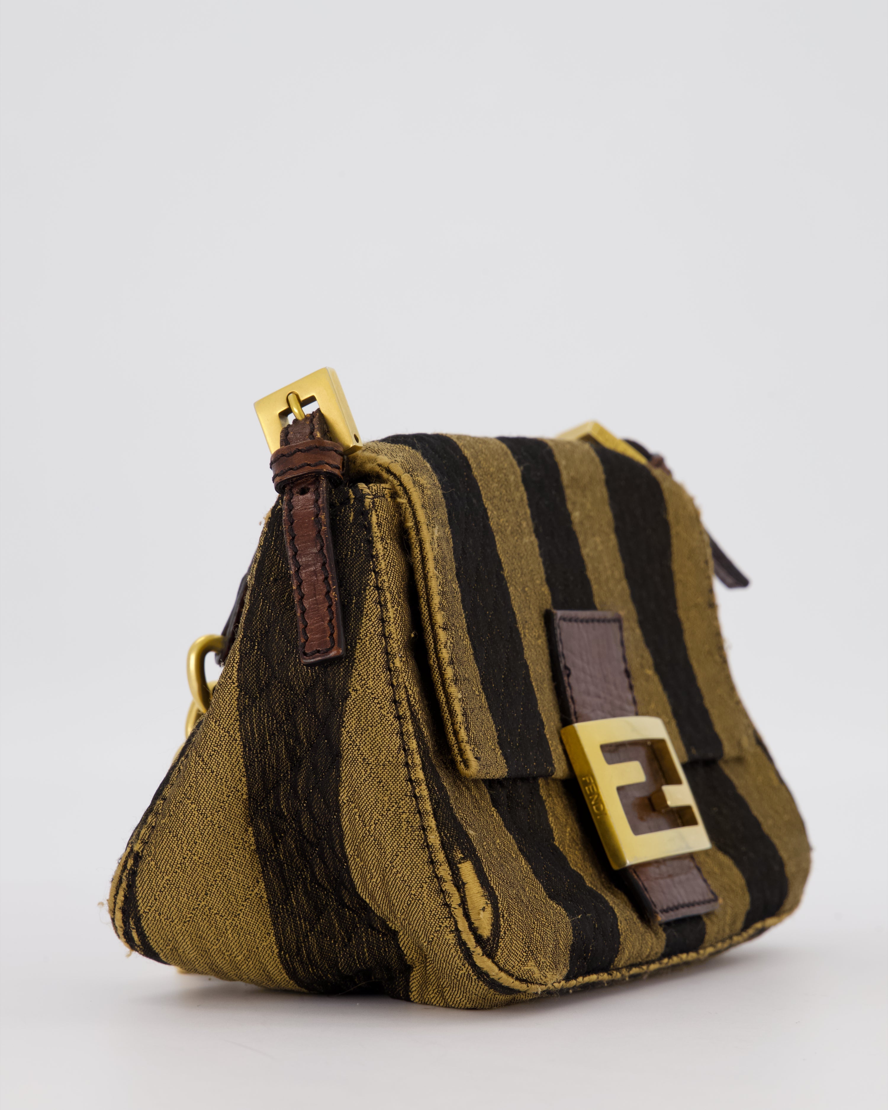 Fendi Vintage Mini Mamma Baguette Bag in Striped Brown with Gold Hardware