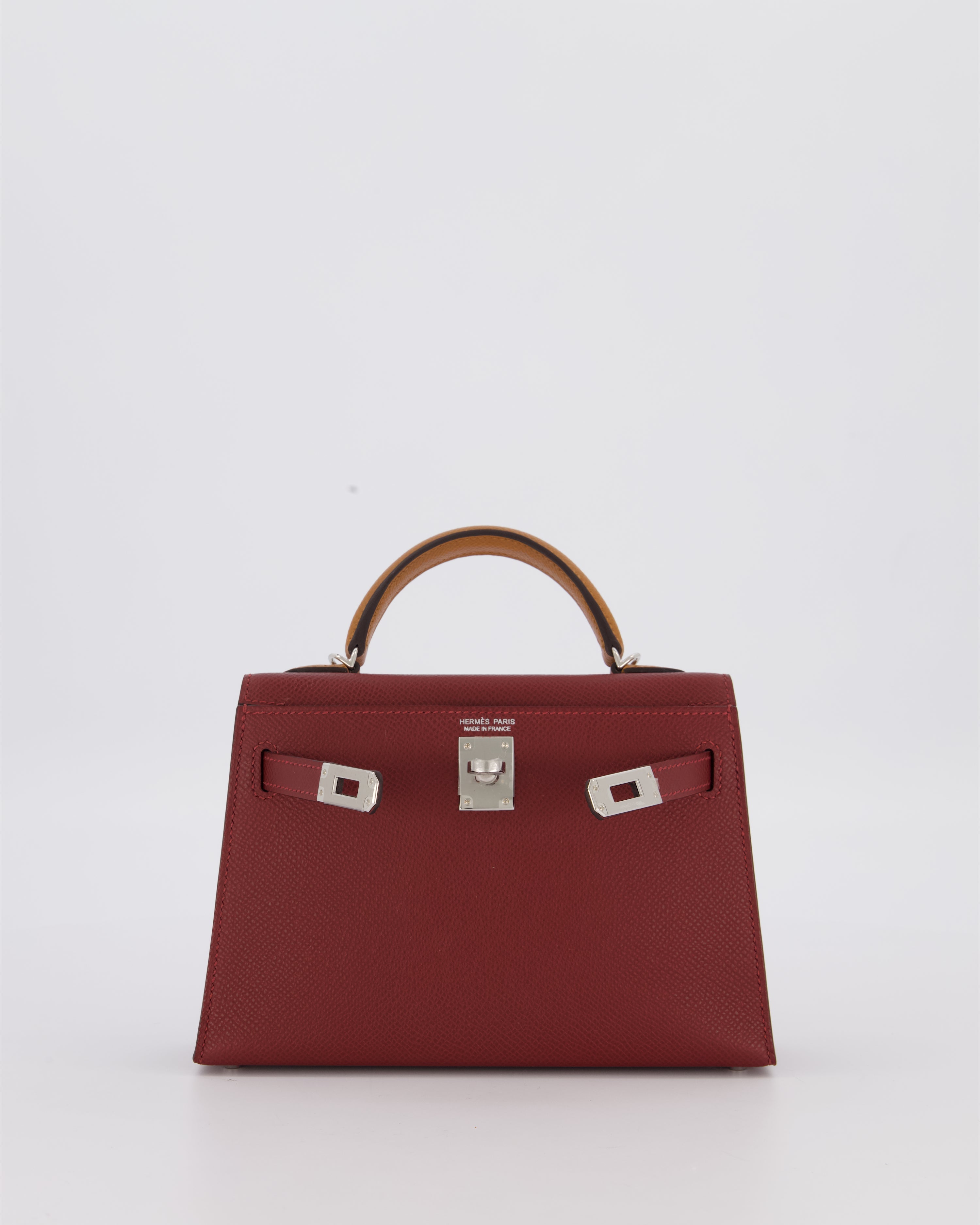 *SUPER RARE* Hermès Mini Kelly II Tricolour 20 Bag In Rouge H, Gold, and Bai Brun Epsom Leather with Palladium Hardware