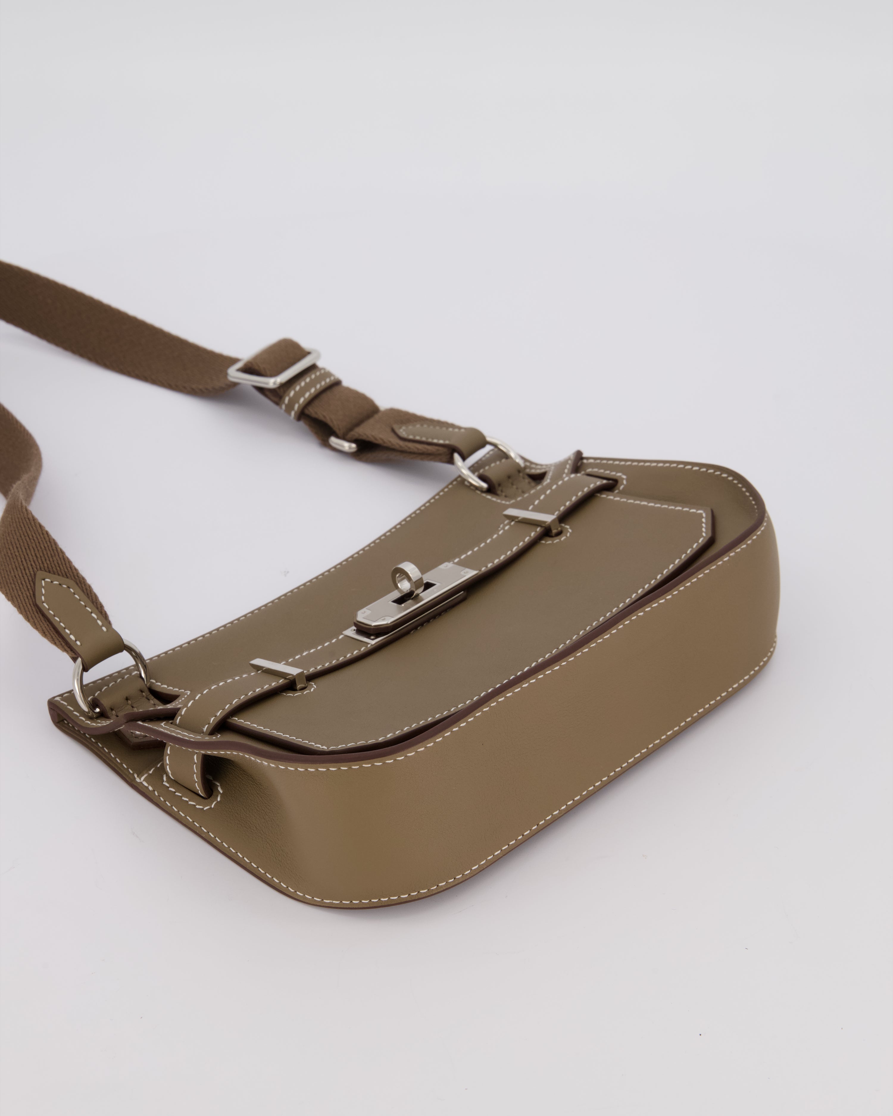 Hermès Mini Jypsiere Crossbody Bag in Etoupe Swift Leather with Palladium Hardware