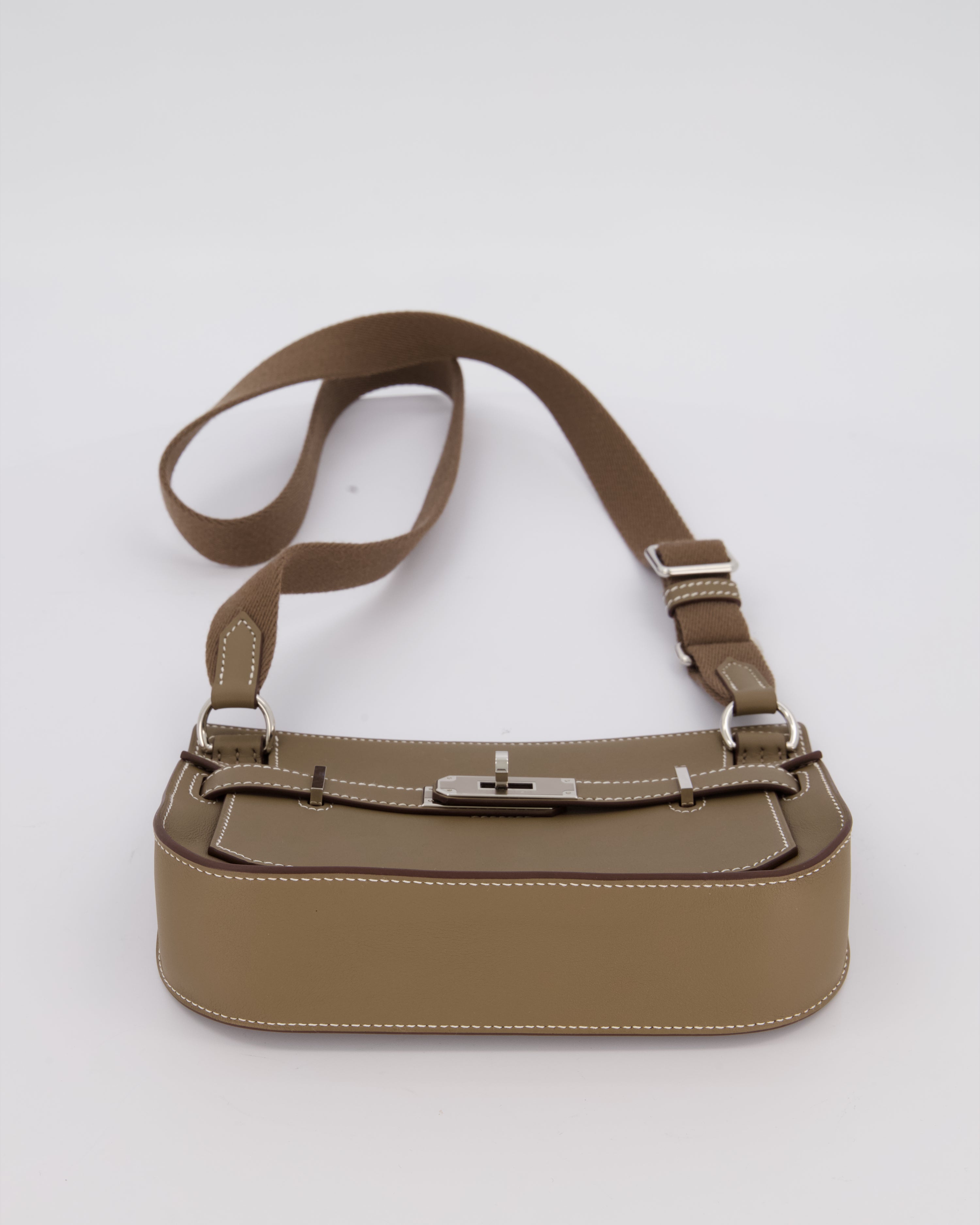 Hermès Mini Jypsiere Crossbody Bag in Etoupe Swift Leather with Palladium Hardware