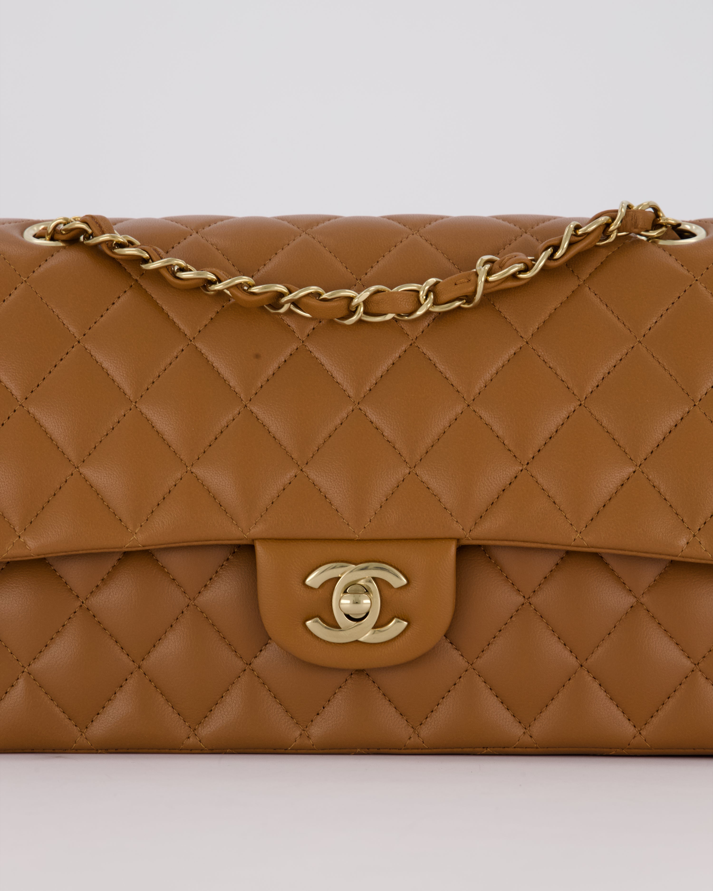 *RARE COLOUR* Chanel Dark Caramel Medium Classic Double Flap Bag in Lambskin Leather with Champagne Gold Hardware