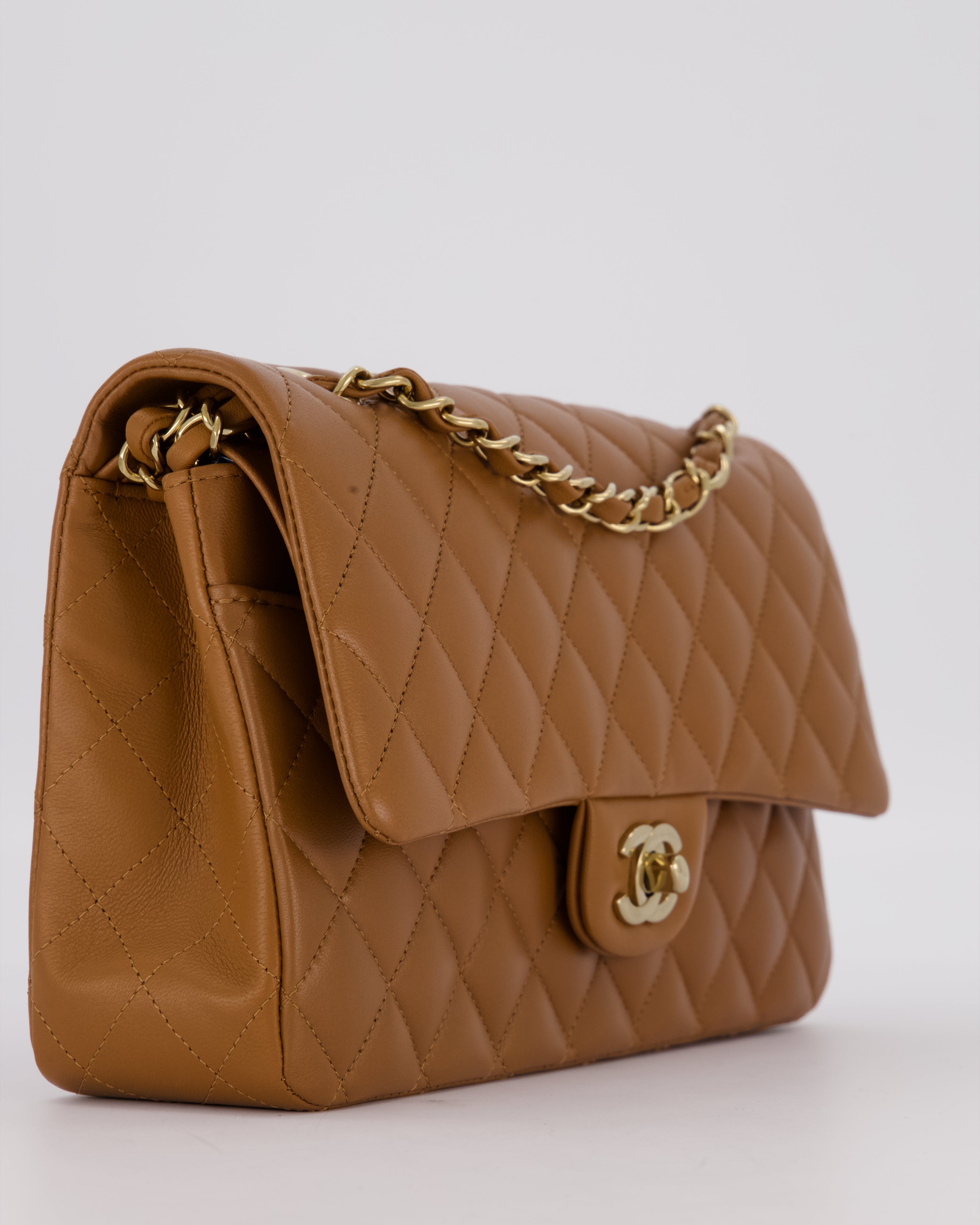 *RARE COLOUR* Chanel Dark Caramel Medium Classic Double Flap Bag in Lambskin Leather with Champagne Gold Hardware