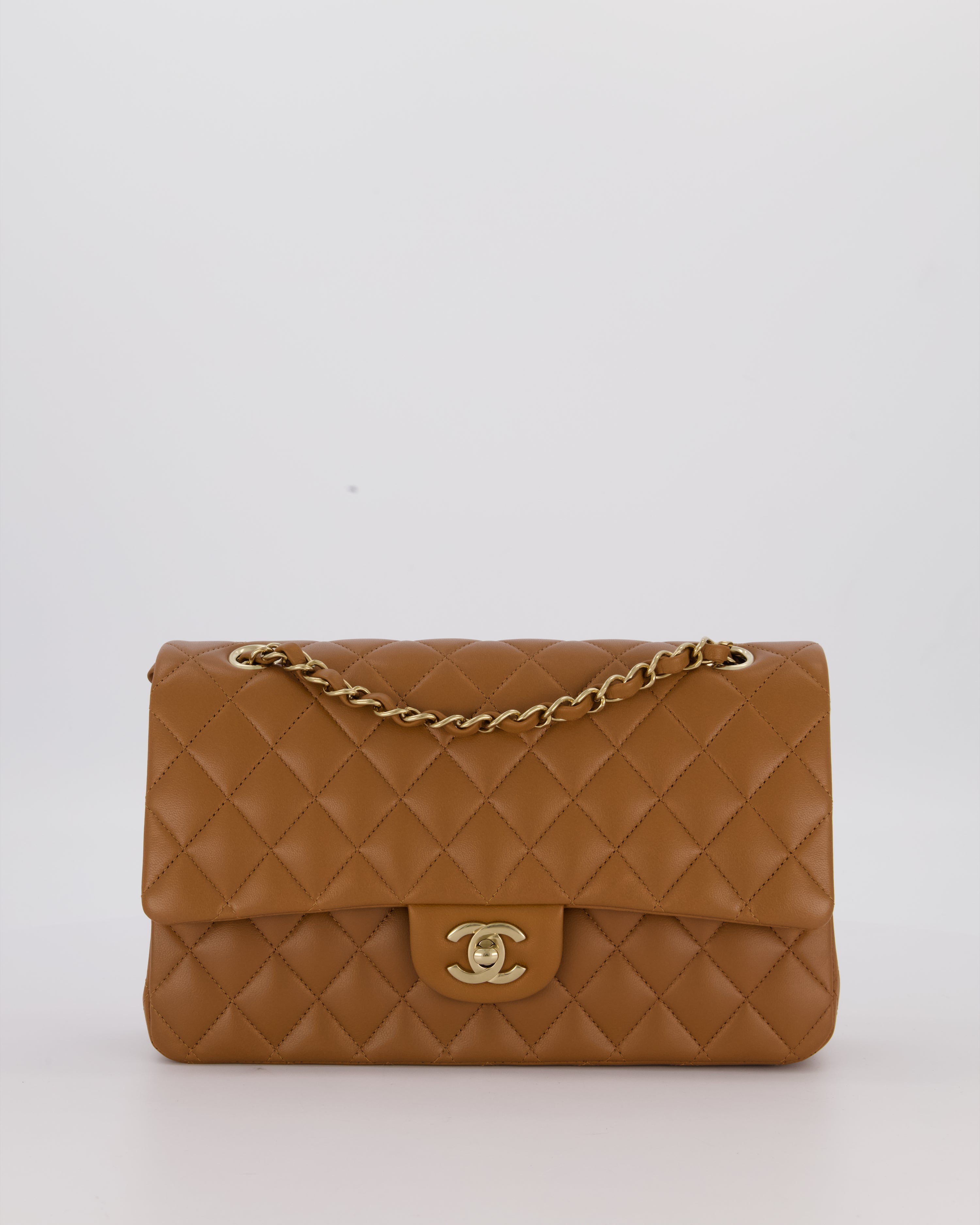 *RARE COLOUR* Chanel Dark Caramel Medium Classic Double Flap Bag in Lambskin Leather with Champagne Gold Hardware