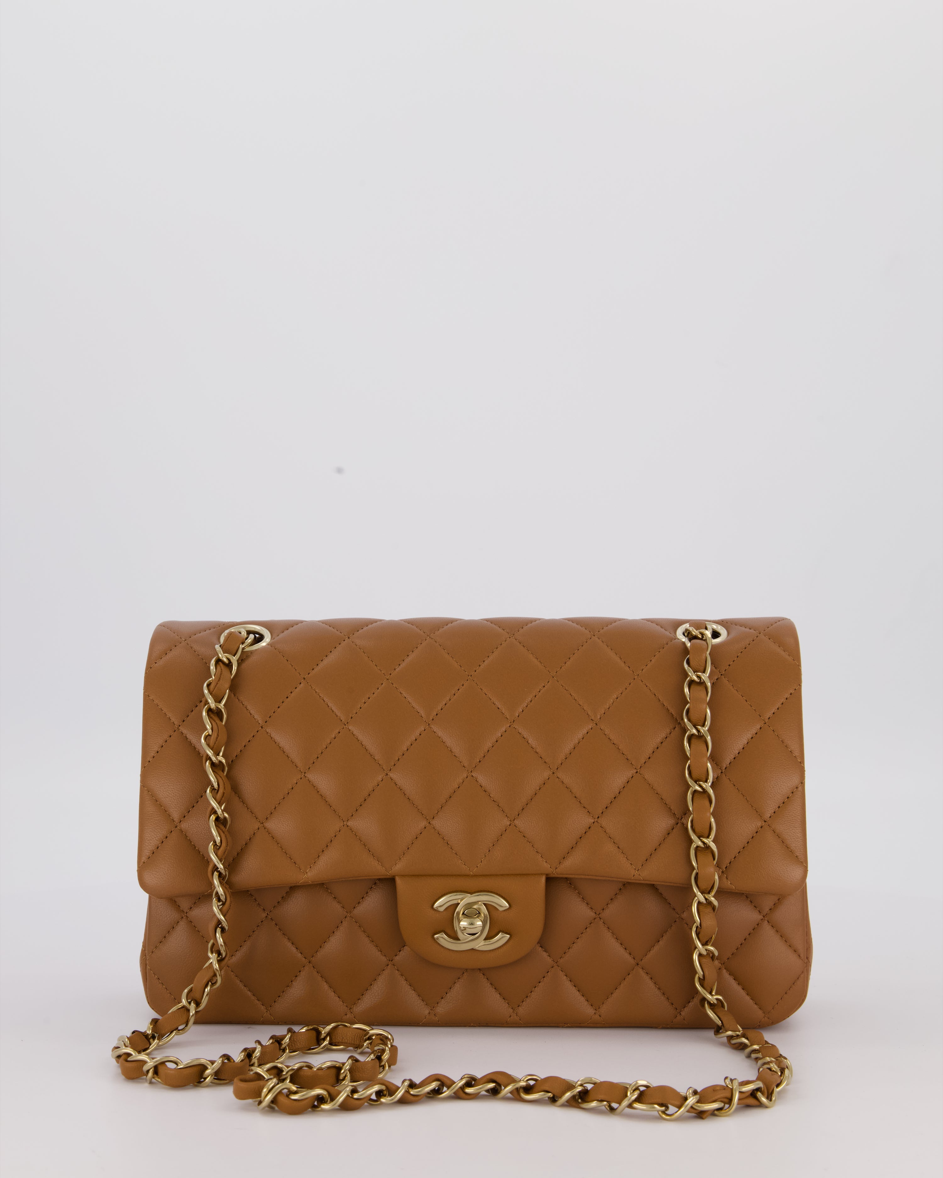 *RARE COLOUR* Chanel Dark Caramel Medium Classic Double Flap Bag in Lambskin Leather with Champagne Gold Hardware