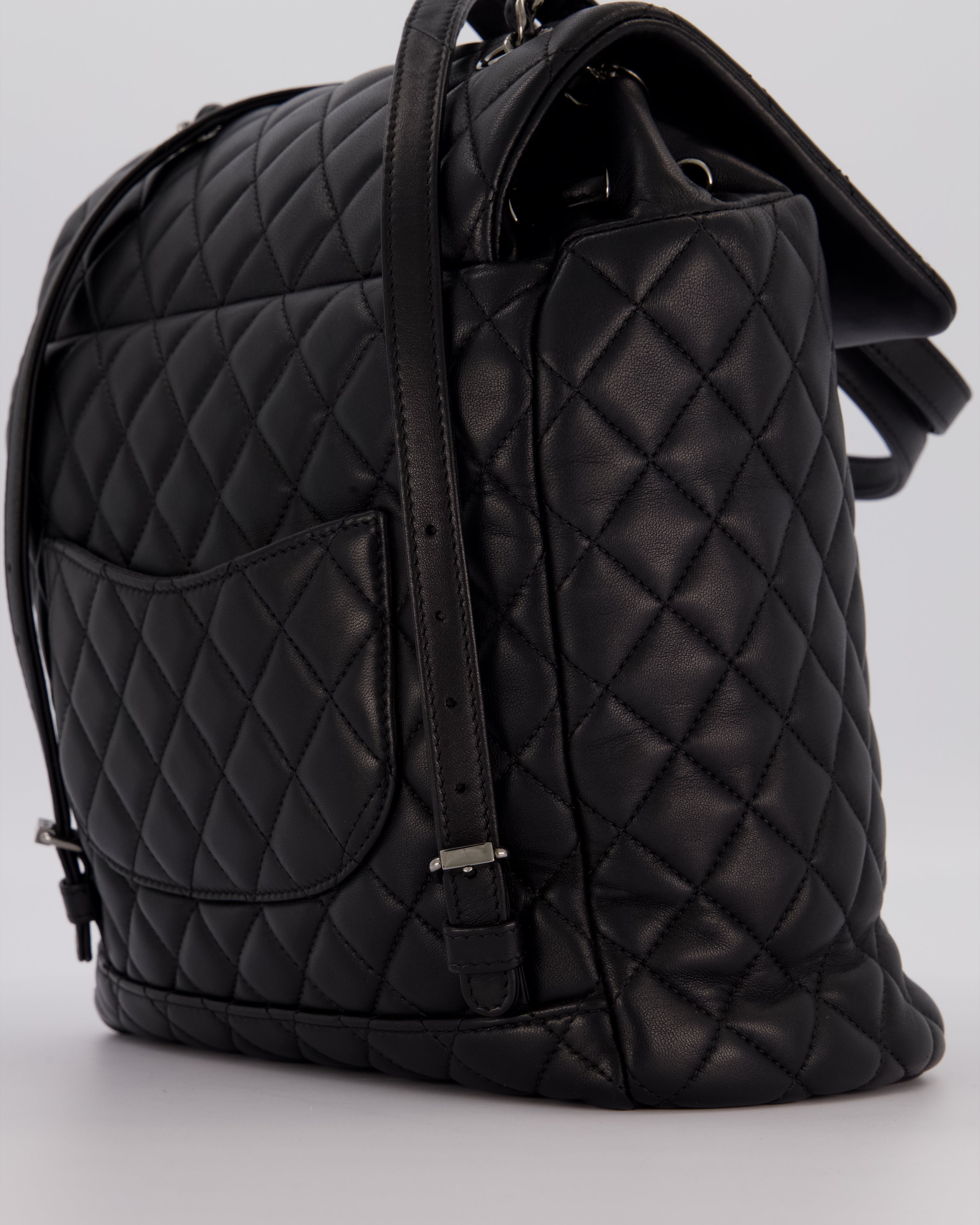 Chanel Black Quilted Lambskin Backpack Bag with Silver Hardware