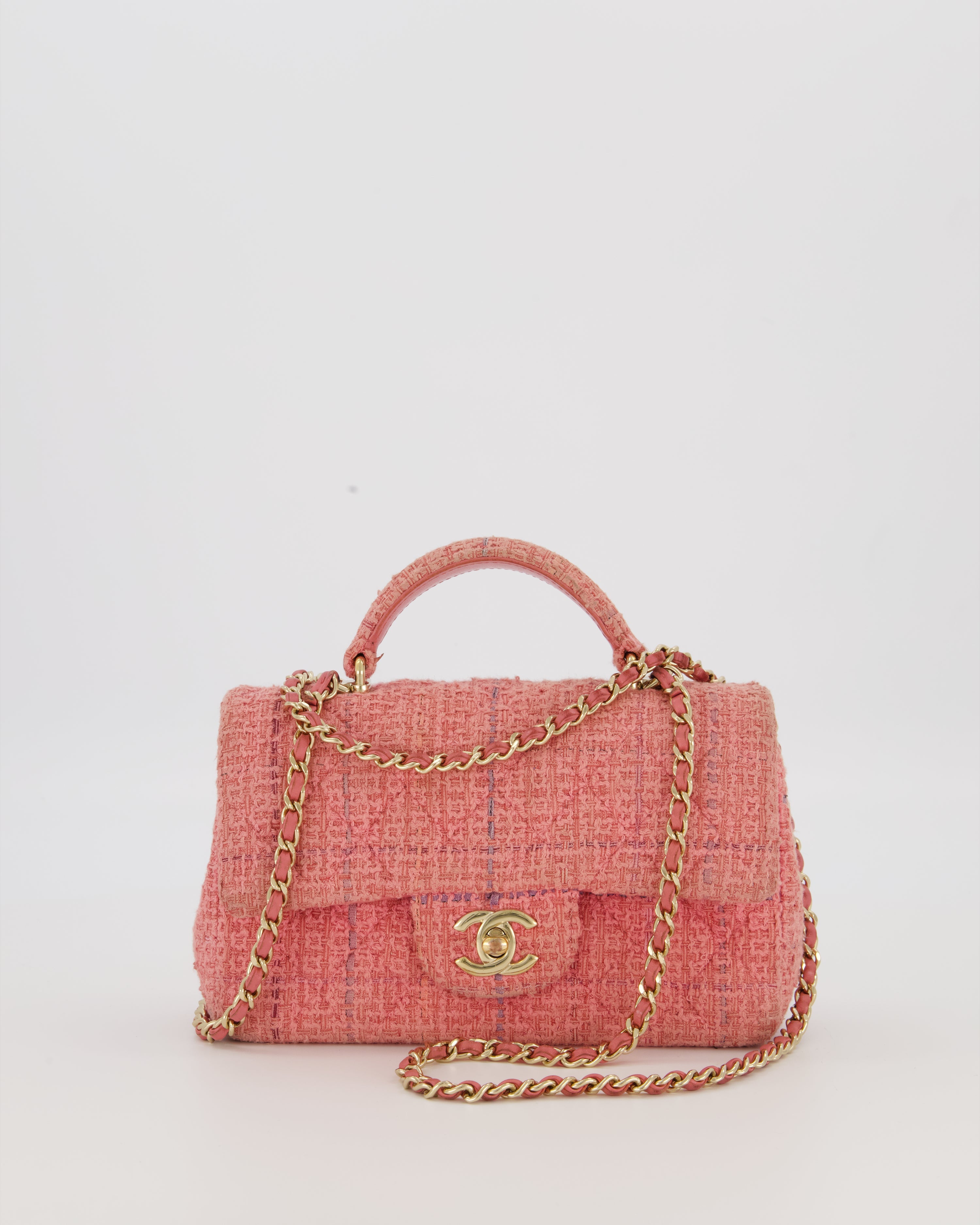 Chanel Top Handle Rectangular Bag in Pink Quilted Tweed with Champagne Gold Hardware