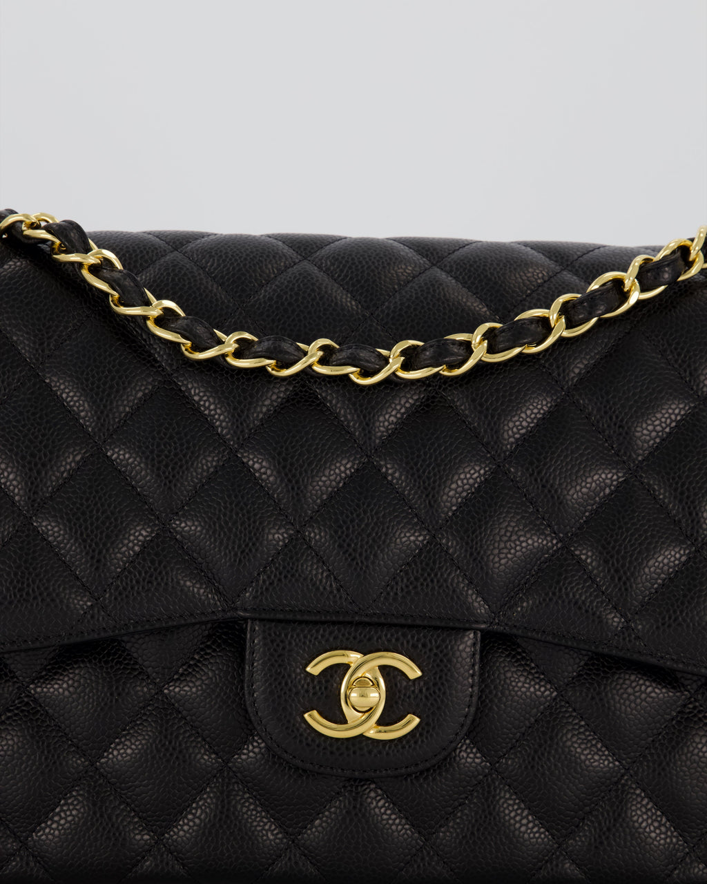 Chanel Black Jumbo Classic Double Flap Bag in Caviar Leather with Gold Hardware