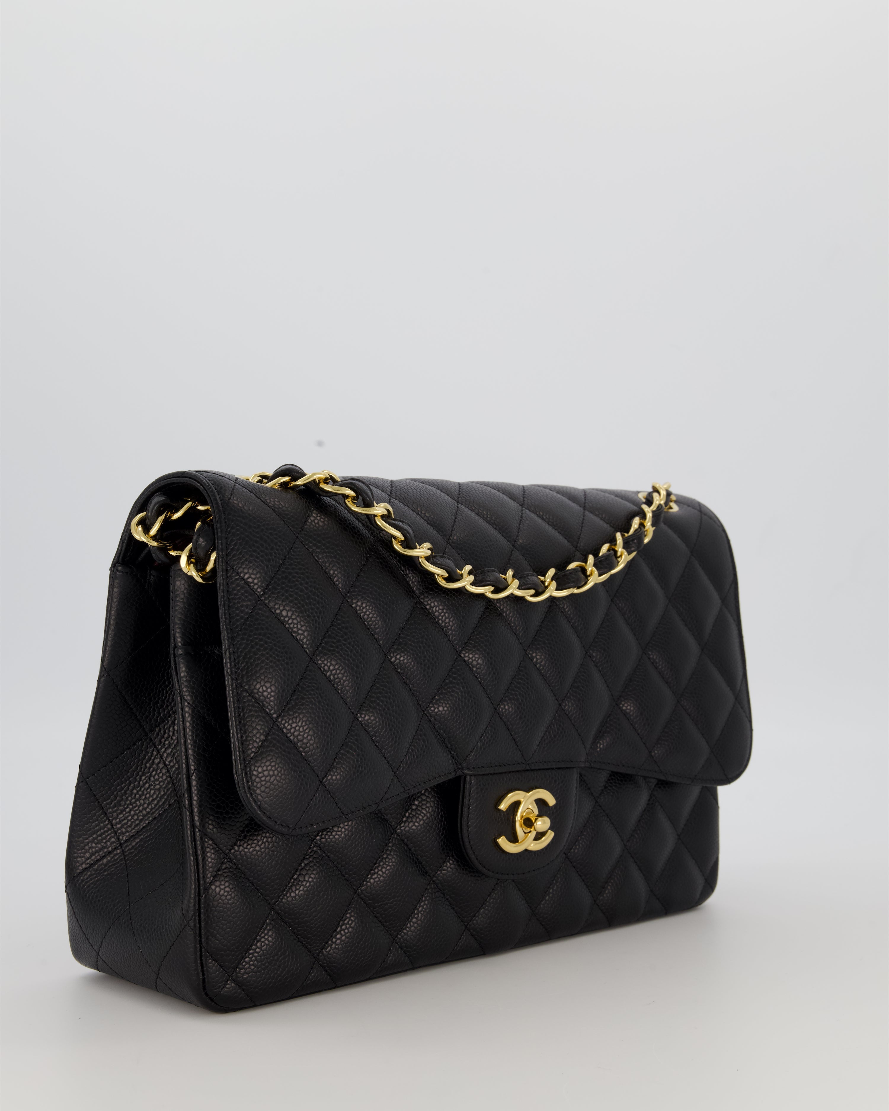 Chanel Black Jumbo Classic Double Flap Bag in Caviar Leather with Gold Hardware
