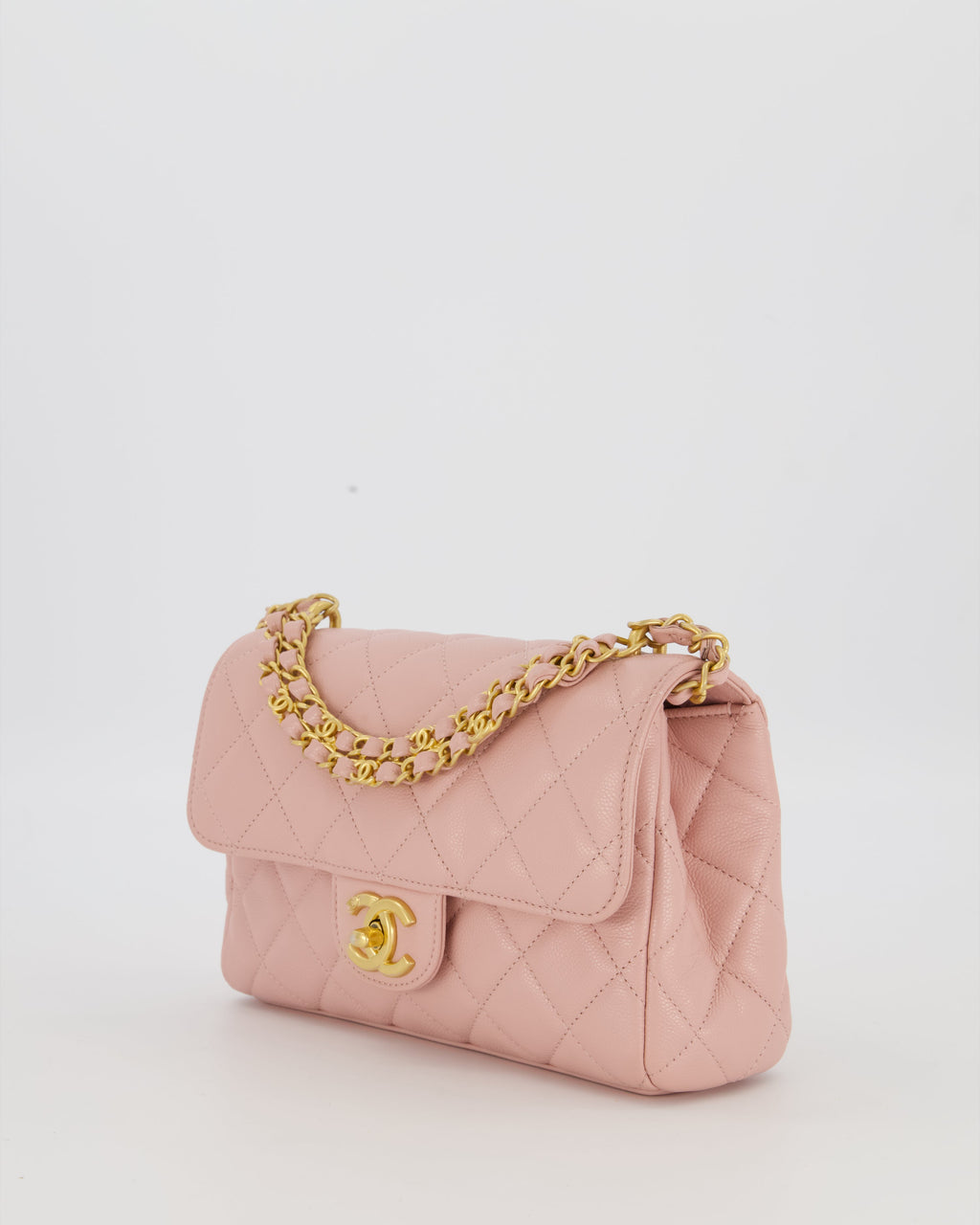 Chanel Pink Small Seasonal Flap Bag In Caviar Leather With CC Chain Details and Gold Hardware