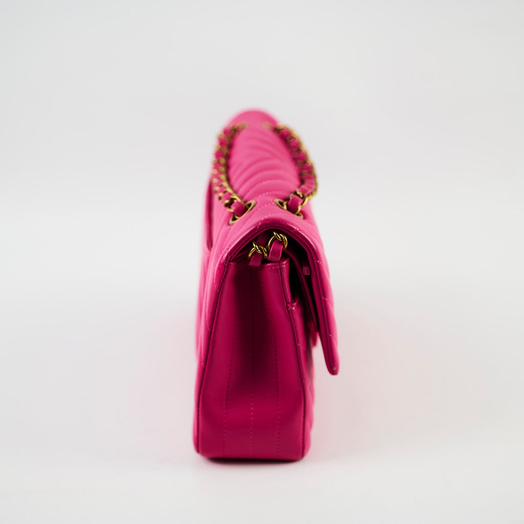 Chanel Medium/Large Classic Flap Chevron Lambskin Fuchsia Pink