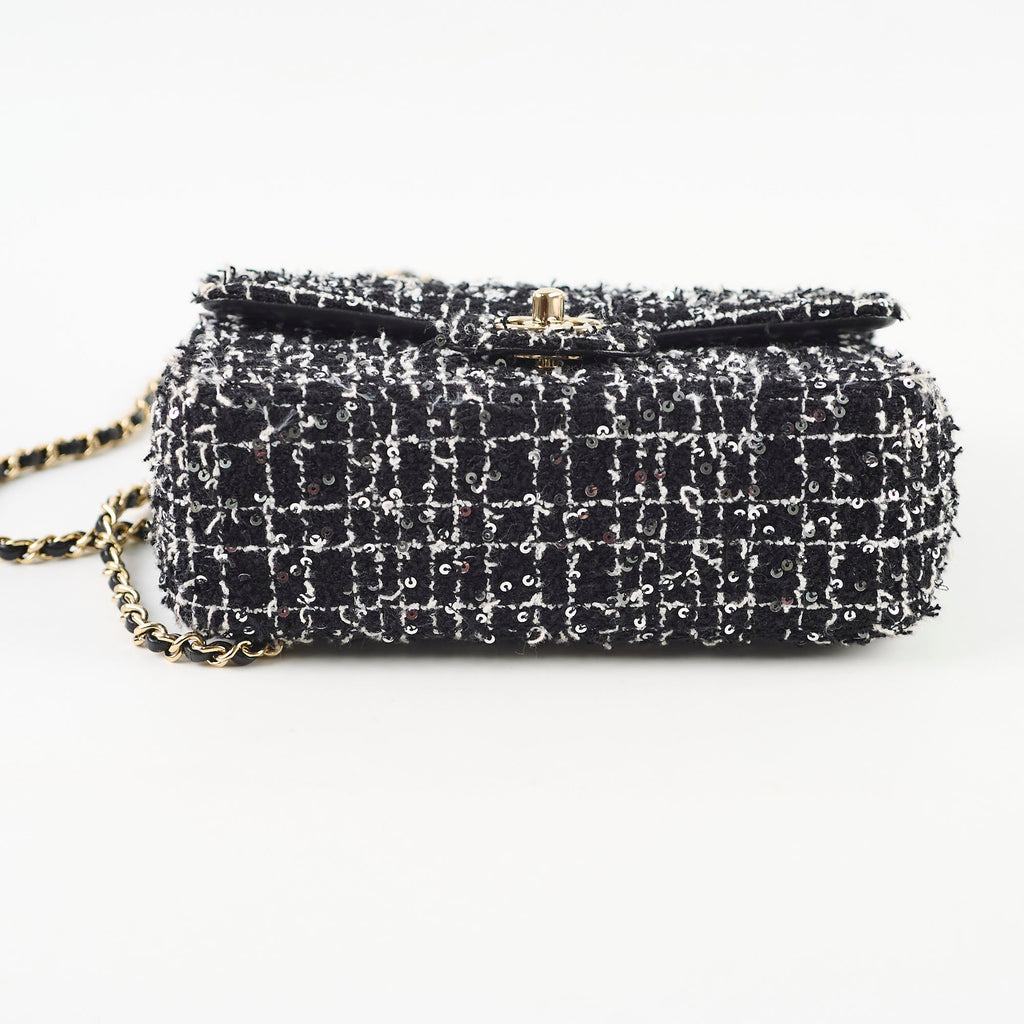 Chanel Mini Tweed Sequin Rectangular Top Handle Classic Flap Black