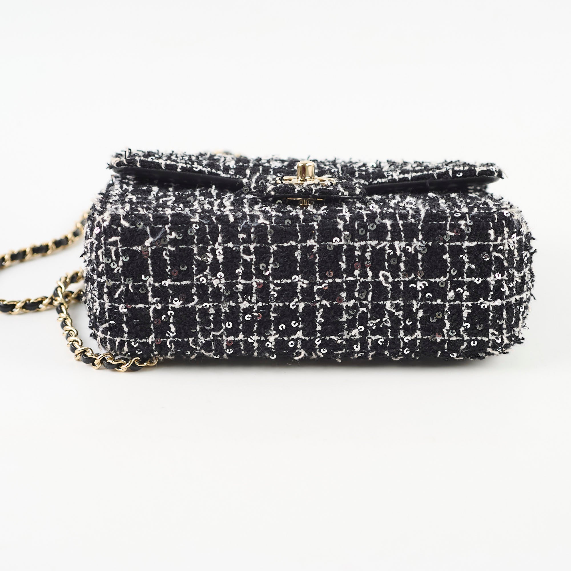 Chanel Mini Tweed Sequin Rectangular Top Handle Classic Flap Black