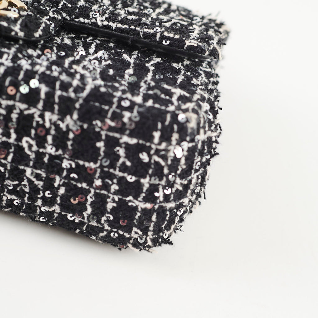 Chanel Mini Tweed Sequin Rectangular Top Handle Classic Flap Black