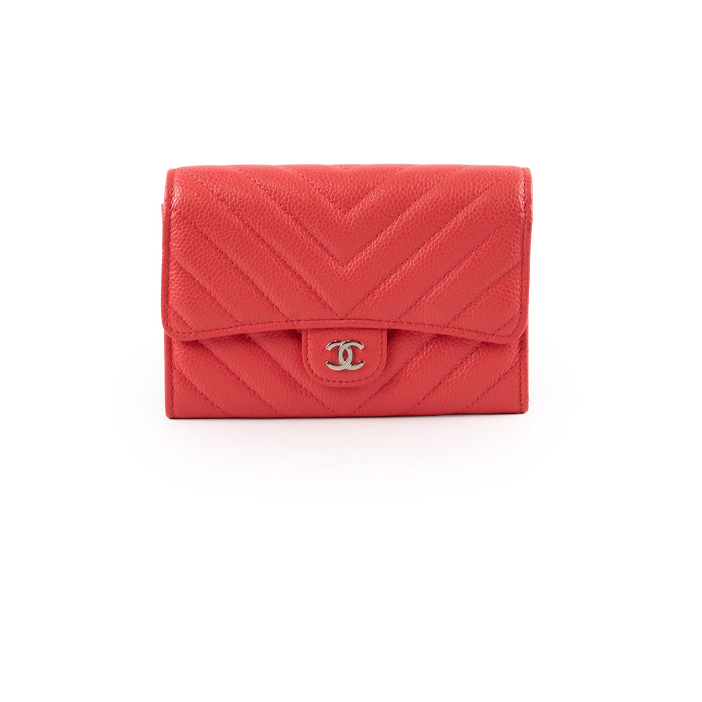 Chanel Chevron Caviar Classic Flap Wallet Coral Red