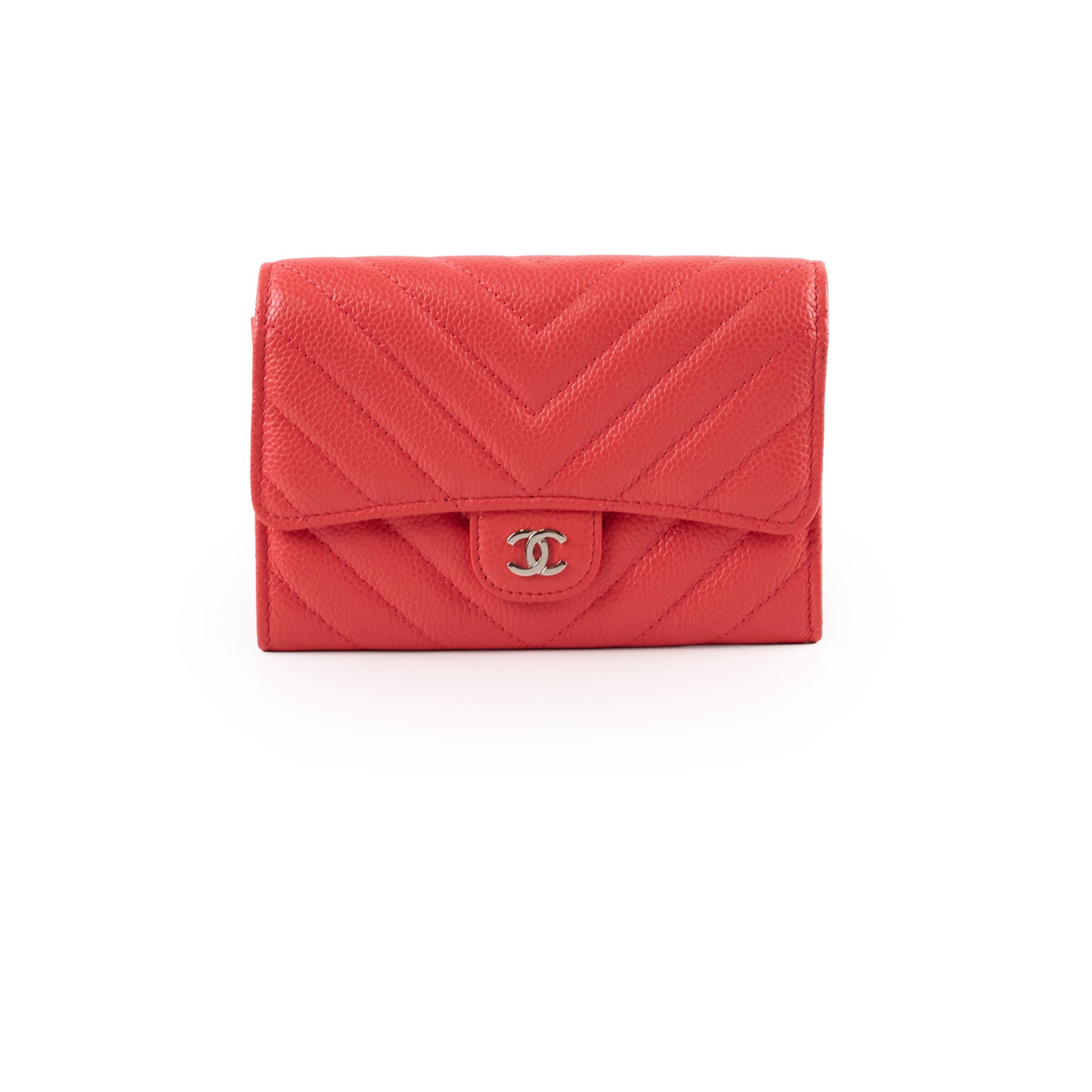 Chanel Chevron Caviar Classic Flap Wallet Coral Red