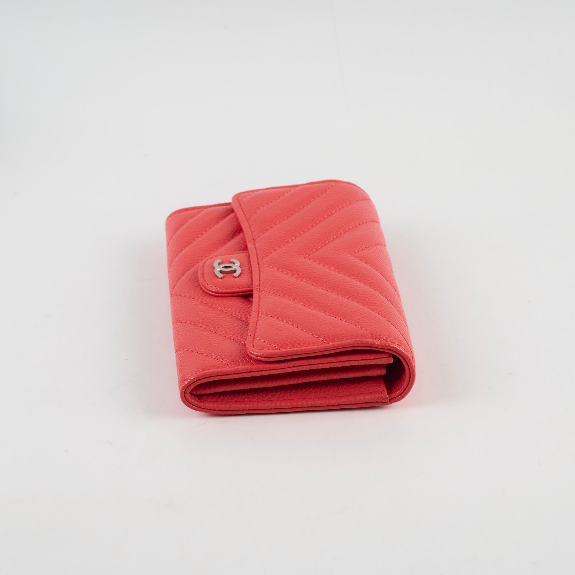 Chanel Chevron Caviar Classic Flap Wallet Coral Red