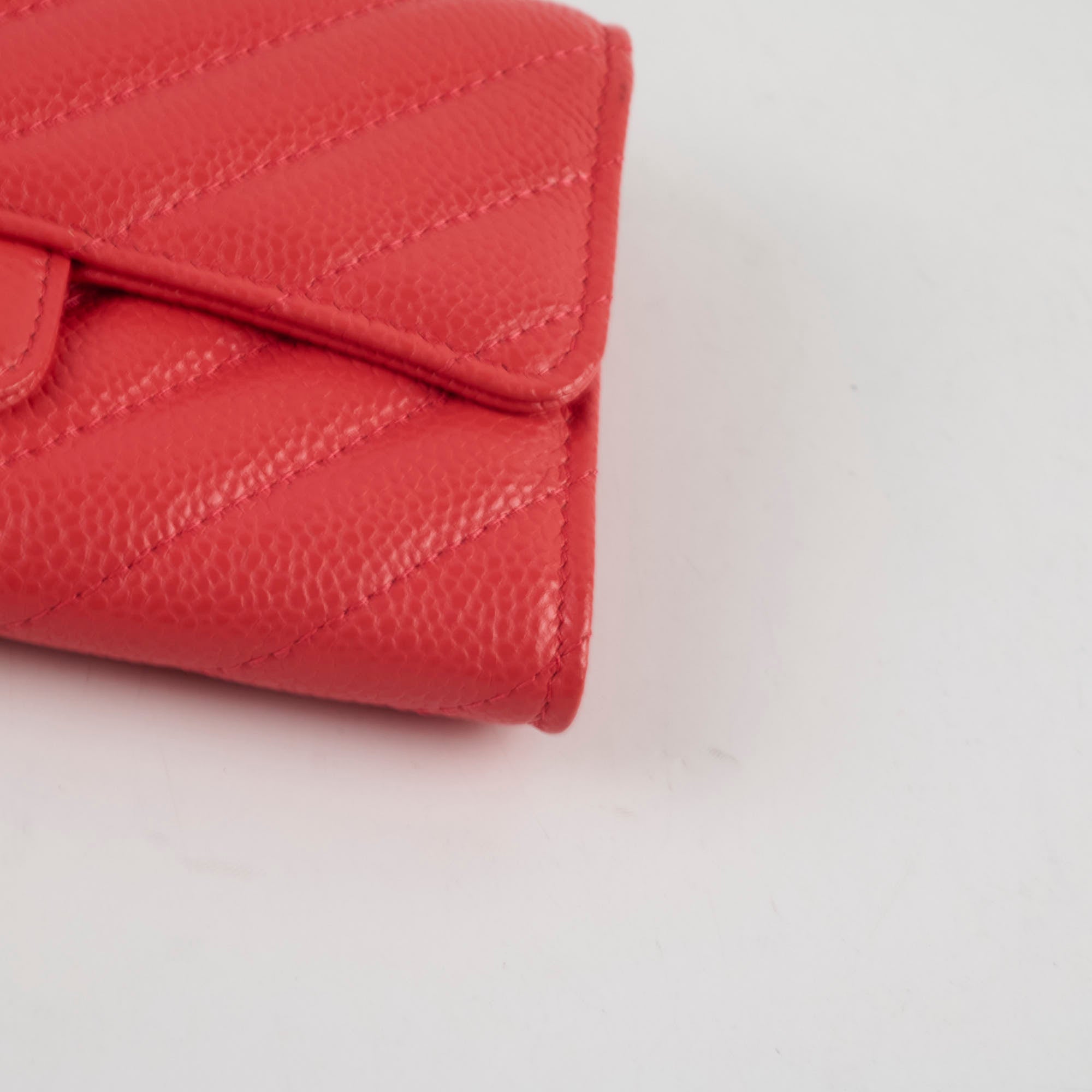 Chanel Chevron Caviar Classic Flap Wallet Coral Red