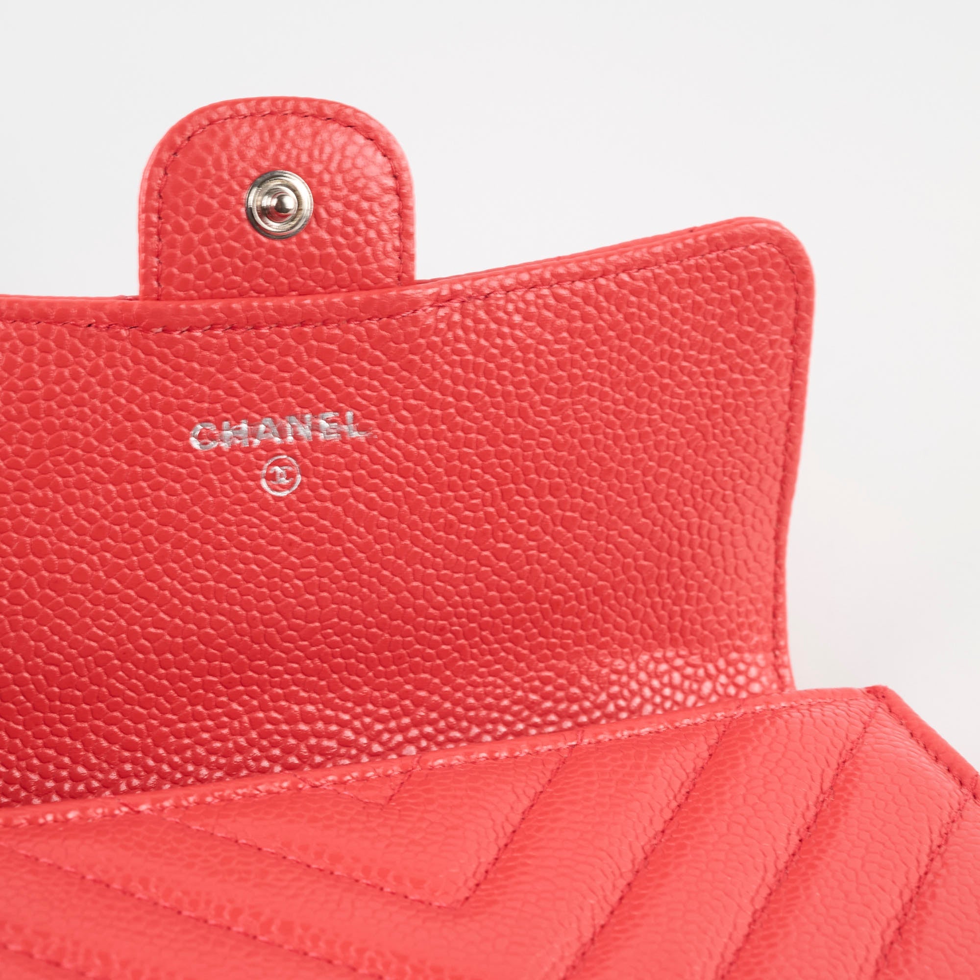 Chanel Chevron Caviar Classic Flap Wallet Coral Red