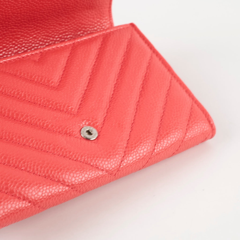 Chanel Chevron Caviar Classic Flap Wallet Coral Red