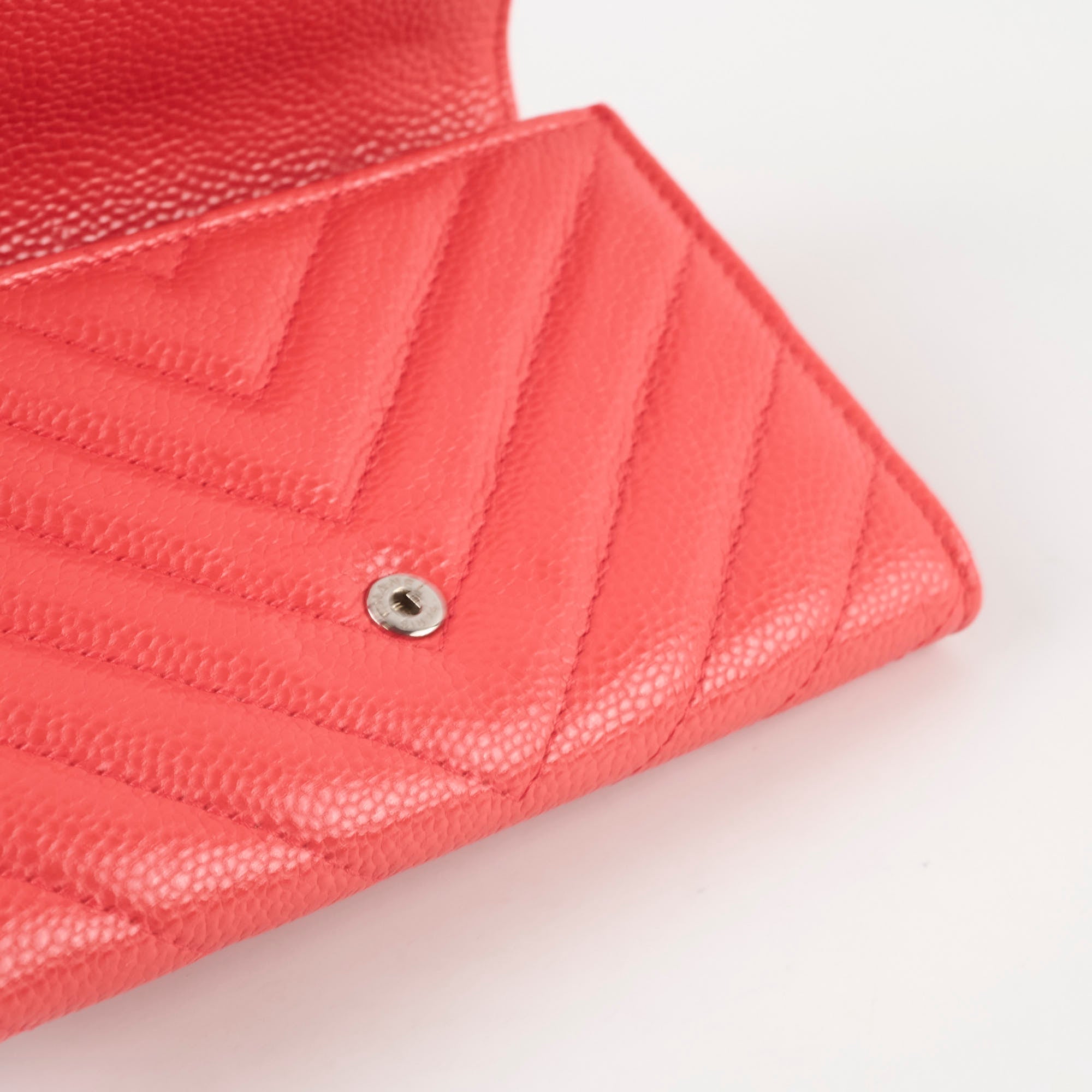 Chanel Chevron Caviar Classic Flap Wallet Coral Red