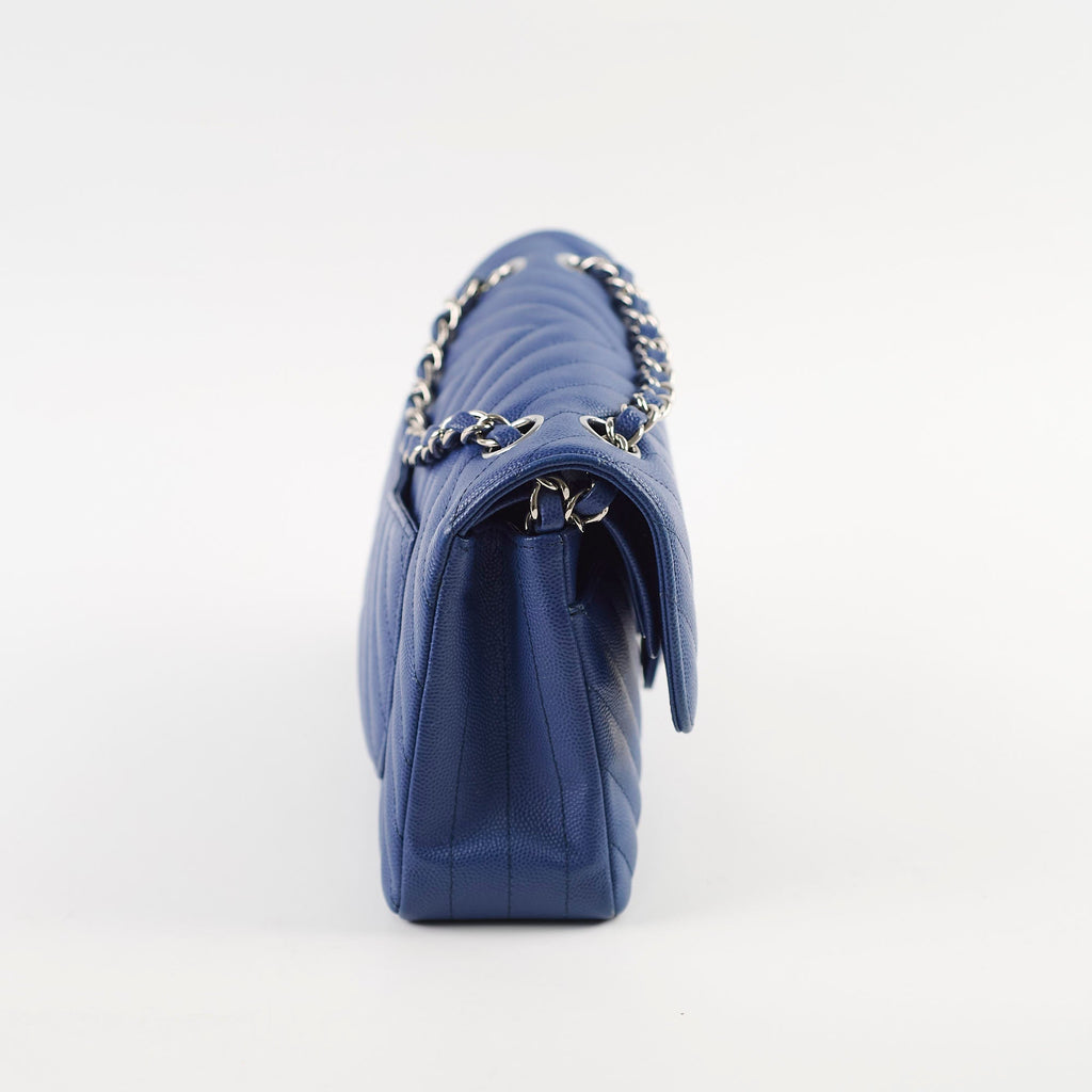 Chanel Caviar Chevron Small Classic Flap Blue Series 25