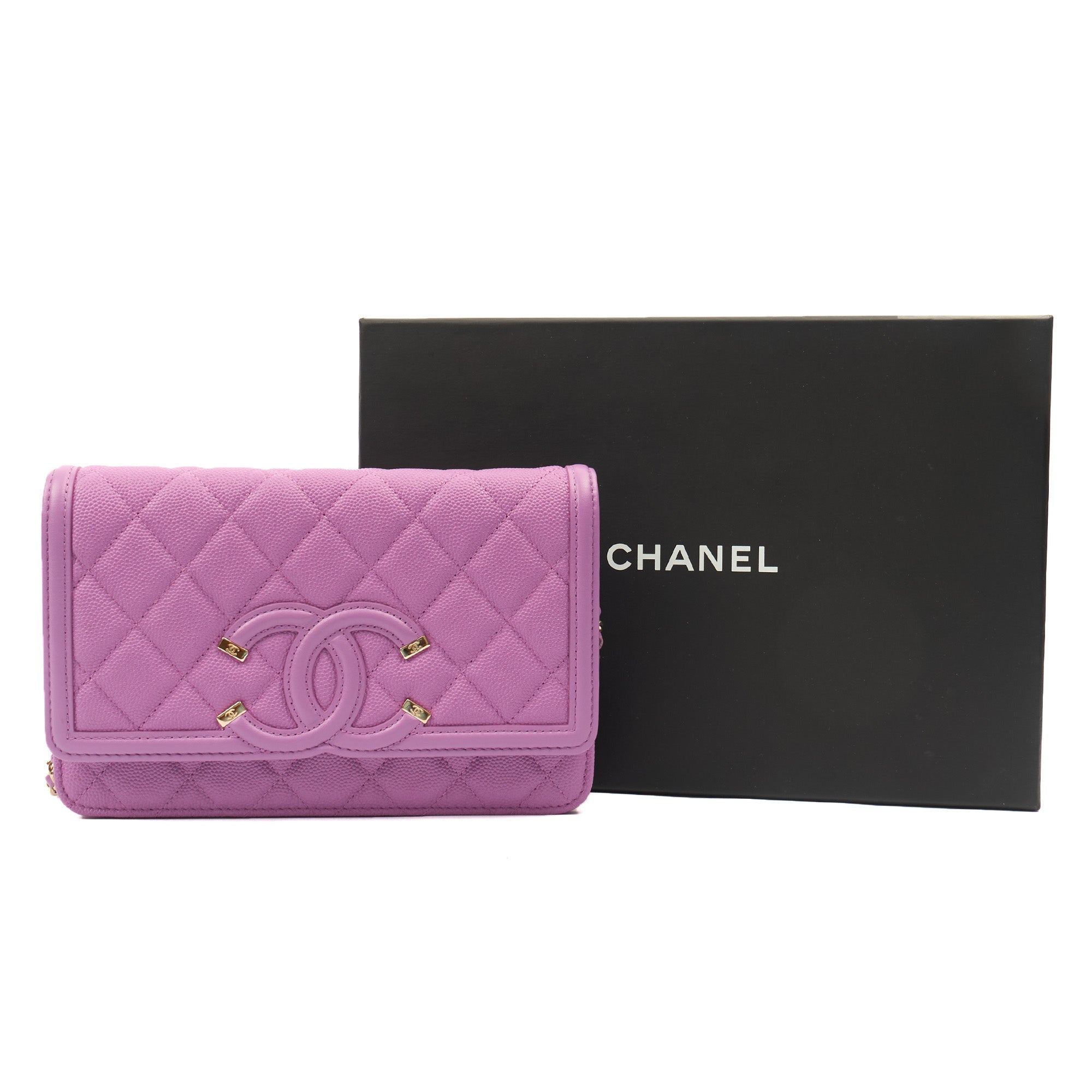 Chanel Cross Body CC Filigree Clutch With Chain in Purple, Caviar Leather