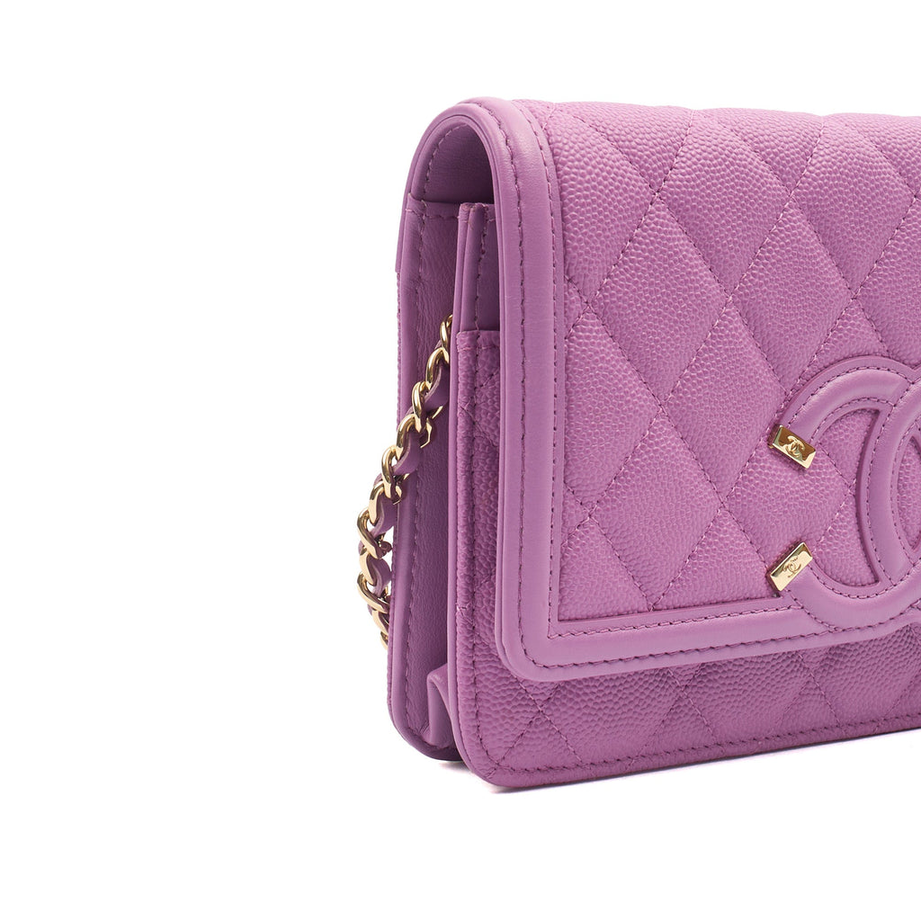 Chanel Cross Body CC Filigree Clutch With Chain in Purple, Caviar Leather