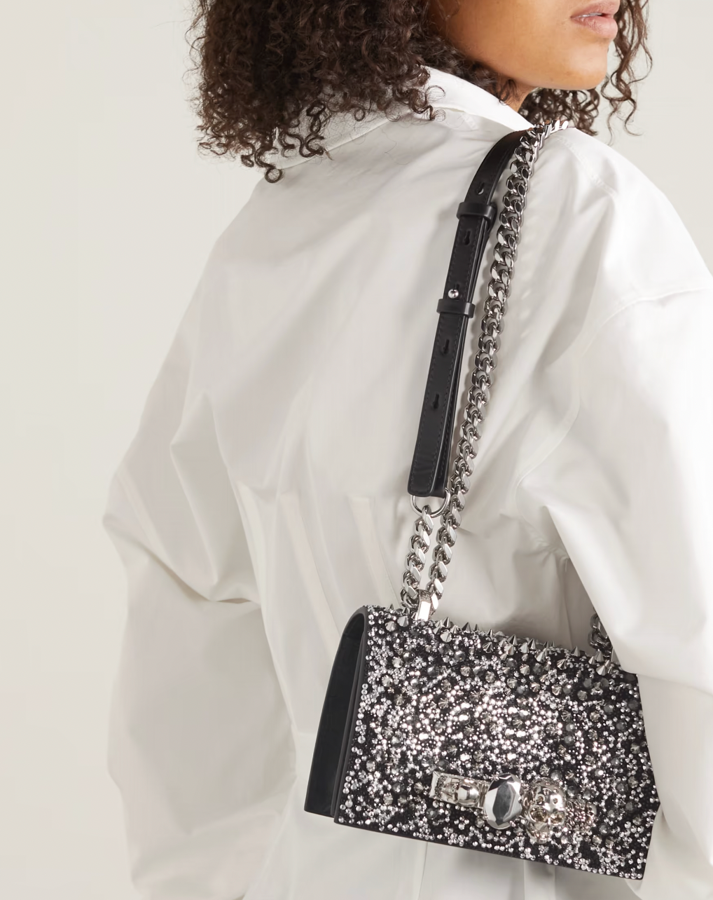 Alexander Mcqueen Black Crystal Embelished Suede Shoulder Bag with Skull and Spike Details