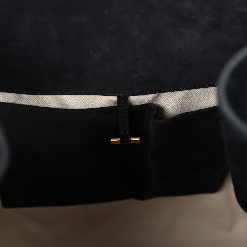 The Row Soft Margaux 17 Bag Black Suede Gold Hardware