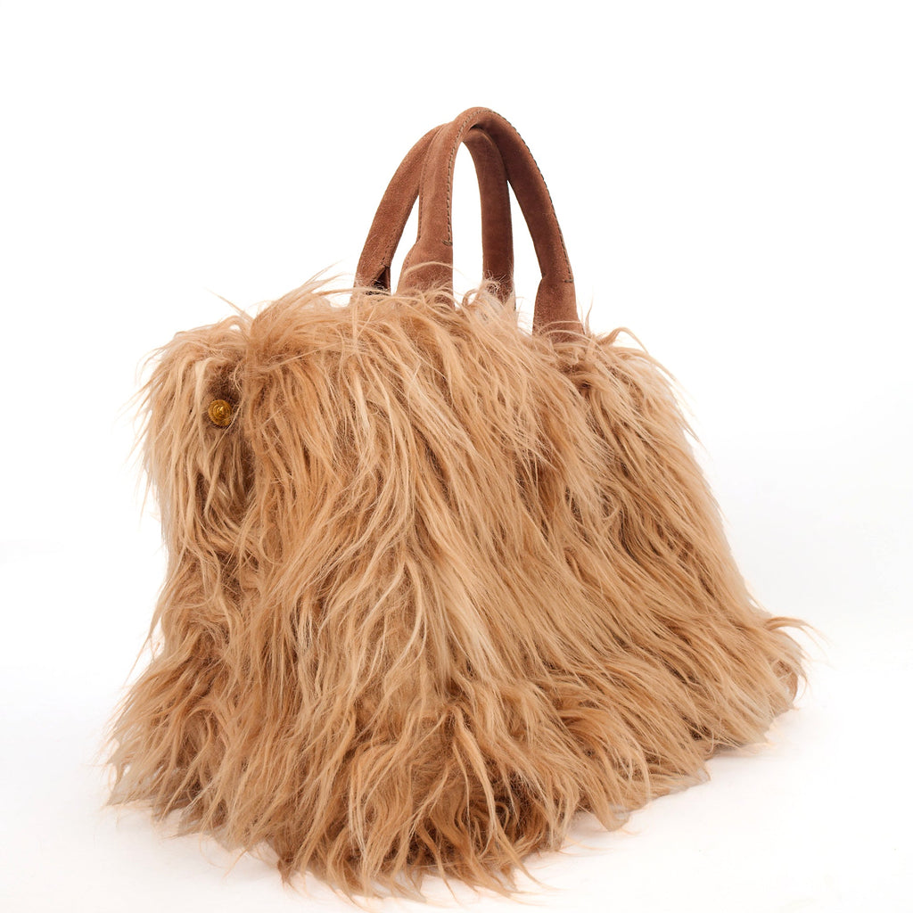 Prada Tote Borsa a Mano Vitello Phenix in Brown, Faux Fur
