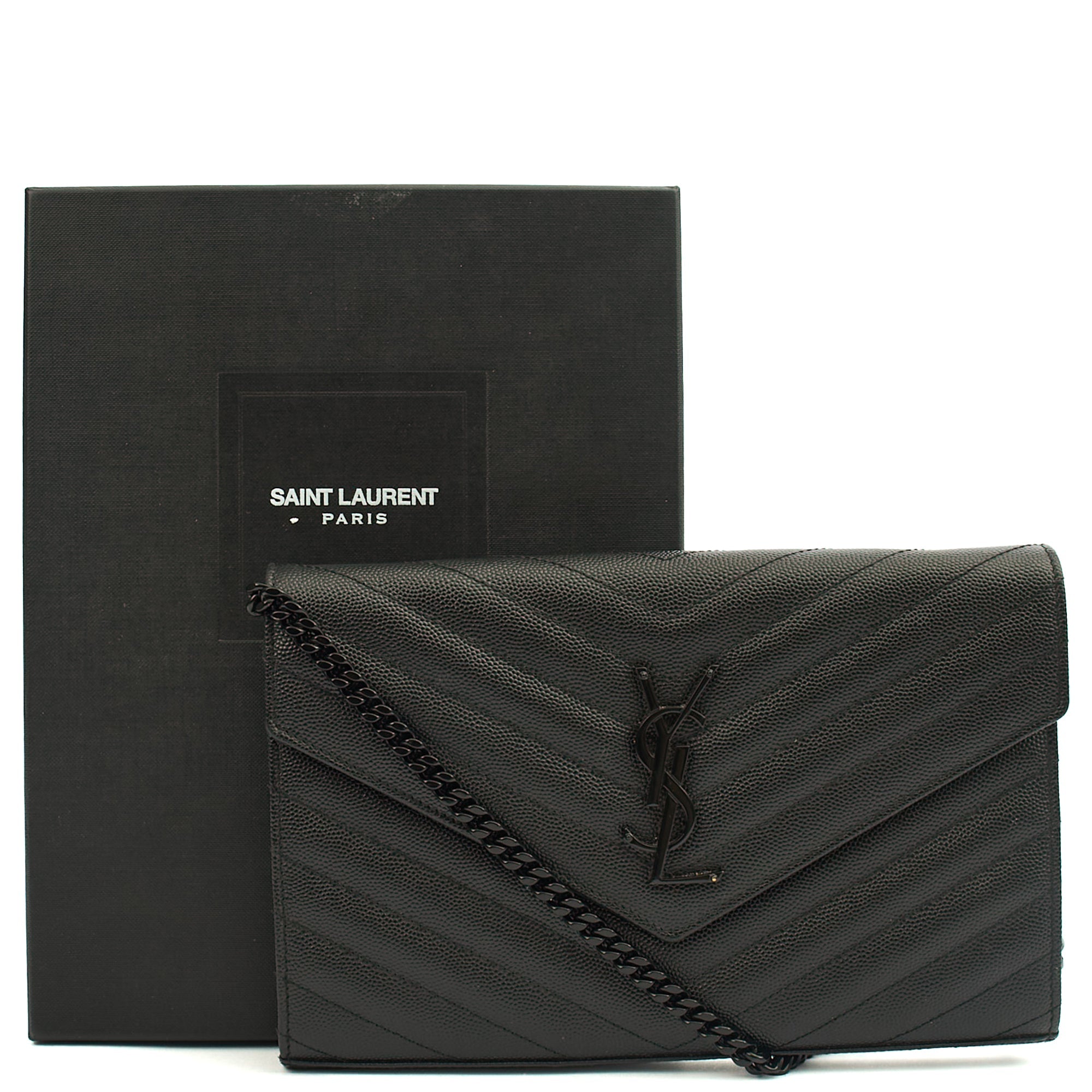 Saint Laurent Cross Body Envelope Chain Wallet in Black, Leather