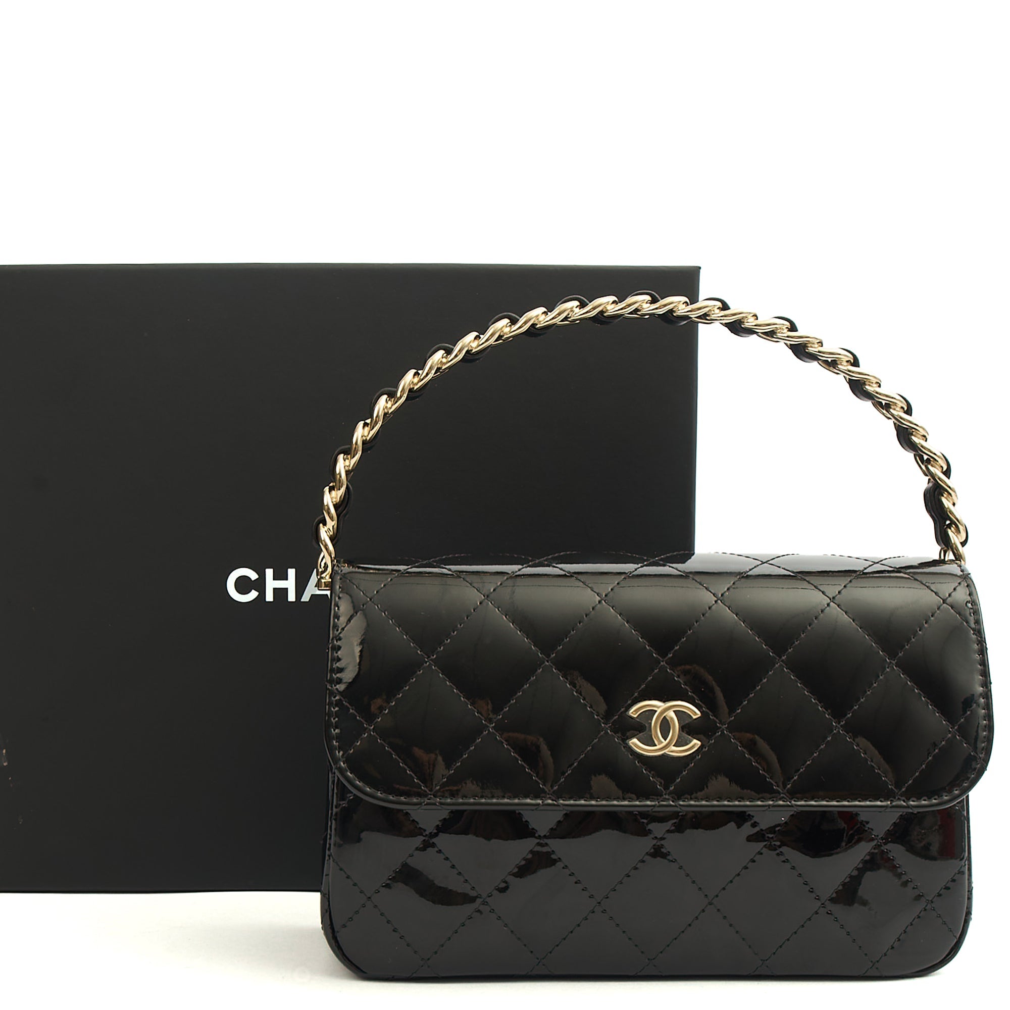 Chanel Top Handle Flap Bag With Top Handle in Black, Patent Leather