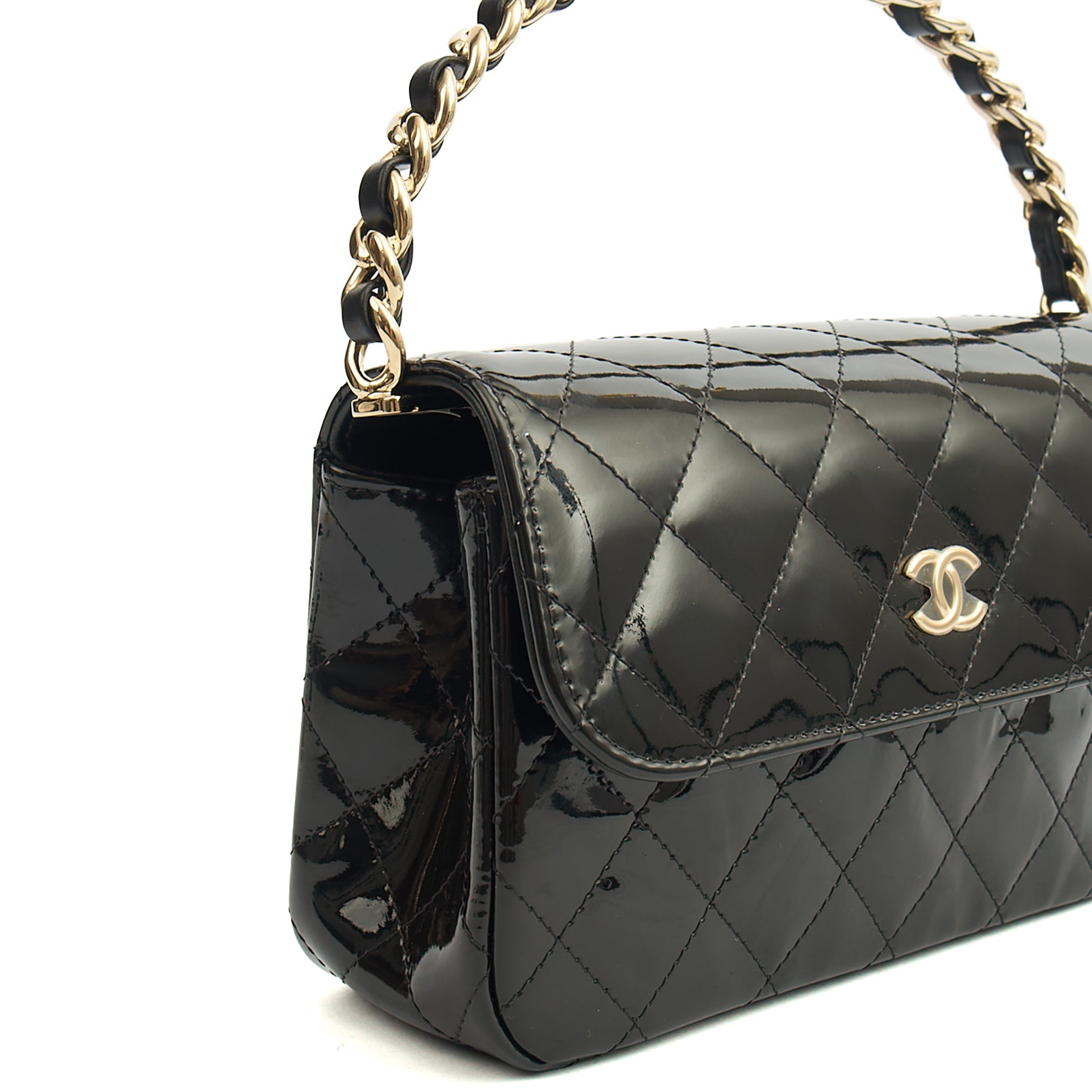 Chanel Top Handle Flap Bag With Top Handle in Black, Patent Leather