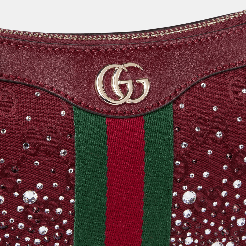 Gucci Ophidia Crystals Small Shoulder Bag In Rosso Ancora Red GG Canvas