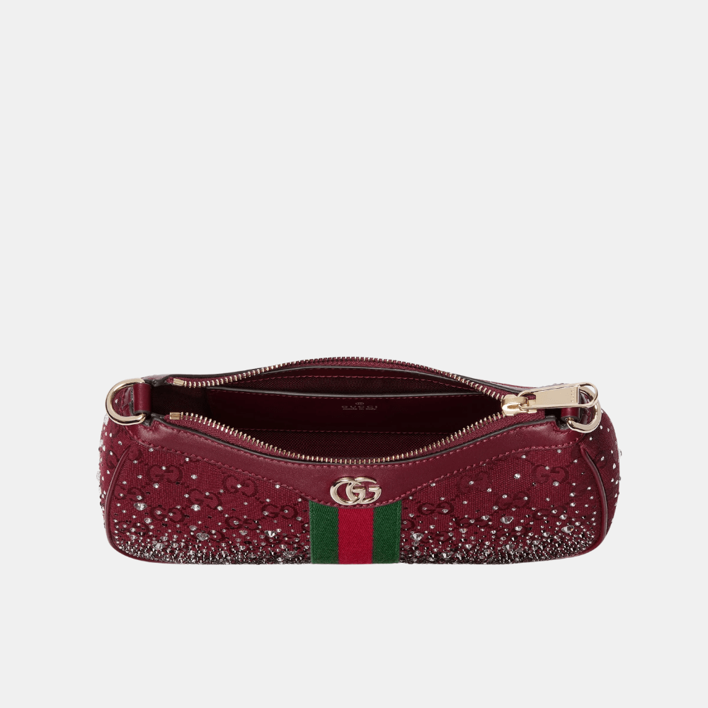 Gucci Ophidia Crystals Small Shoulder Bag In Rosso Ancora Red GG Canvas