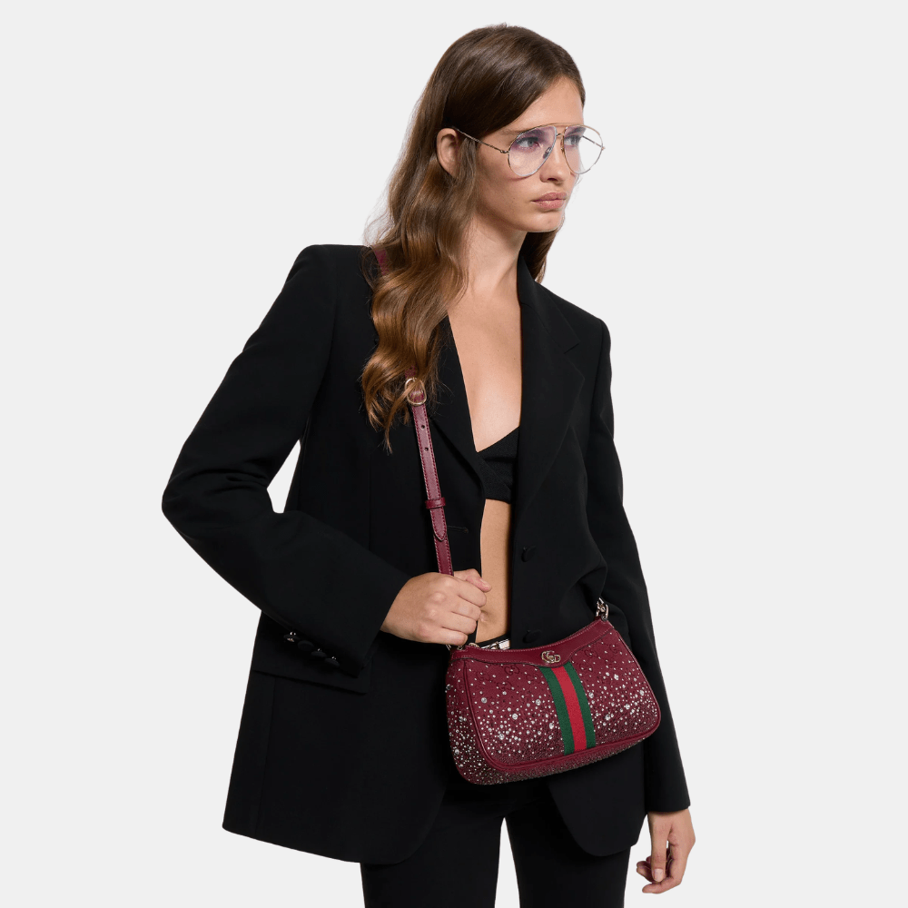 Gucci Ophidia Crystals Small Shoulder Bag In Rosso Ancora Red GG Canvas