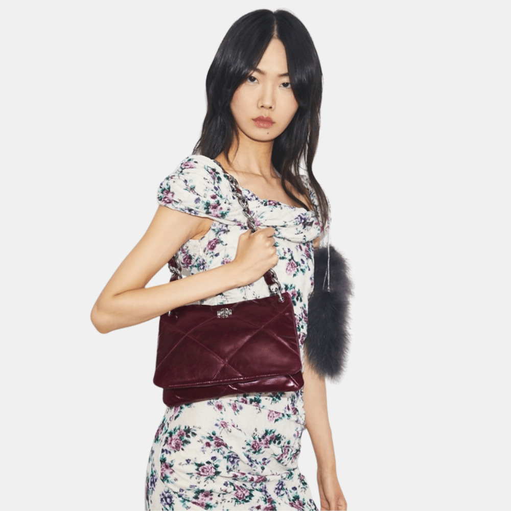 Tory Burch Small Kira Diamond Quilt Distressed Shoulder Bag (Dark Carmine)
