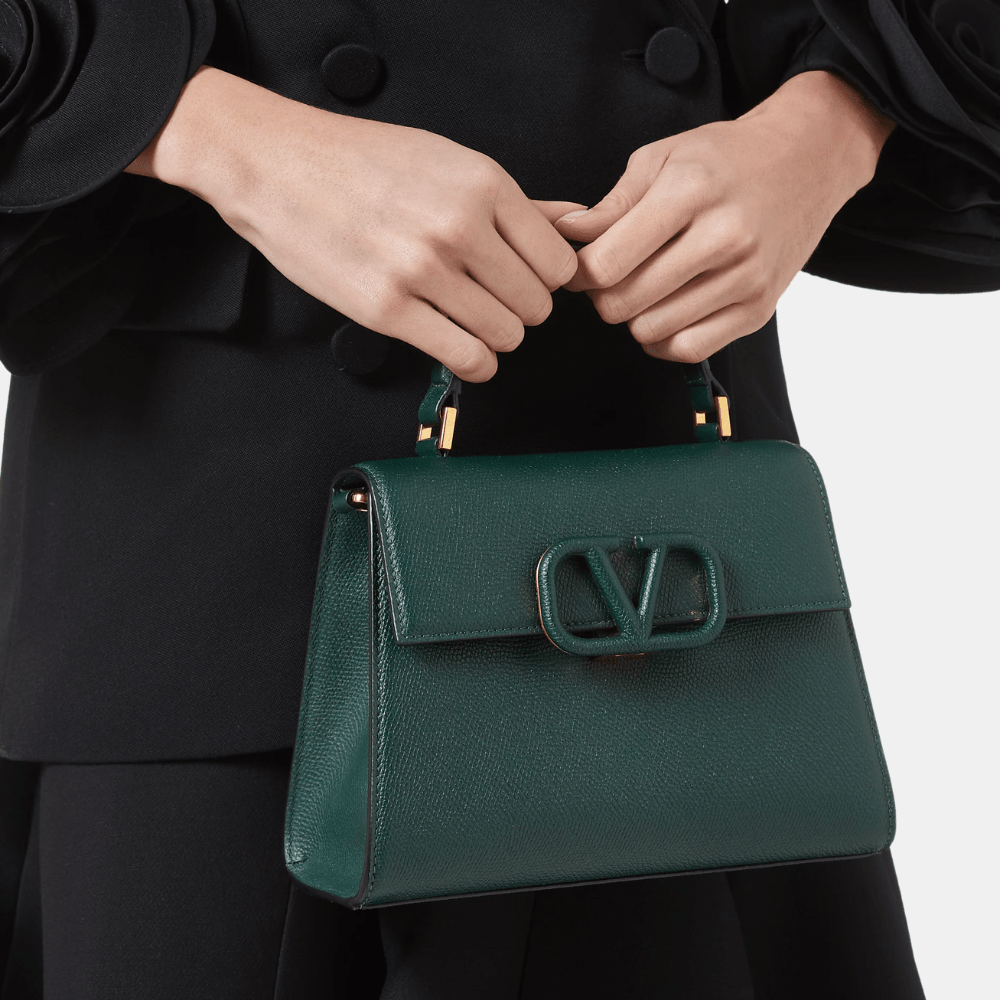 Valentino Small Vsling Grainy Calfskin Handbag (English Green)