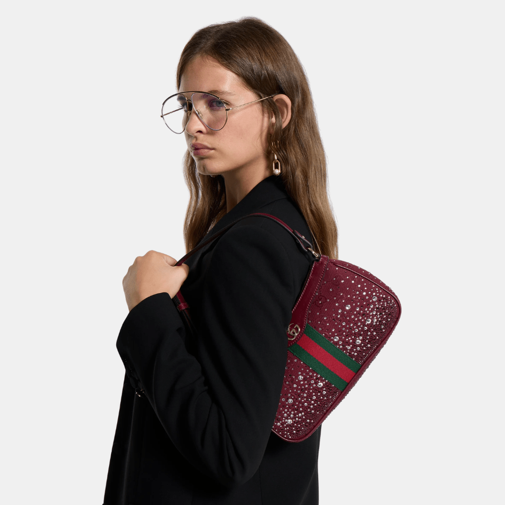 Gucci Ophidia Crystals Small Shoulder Bag In Rosso Ancora Red GG Canvas