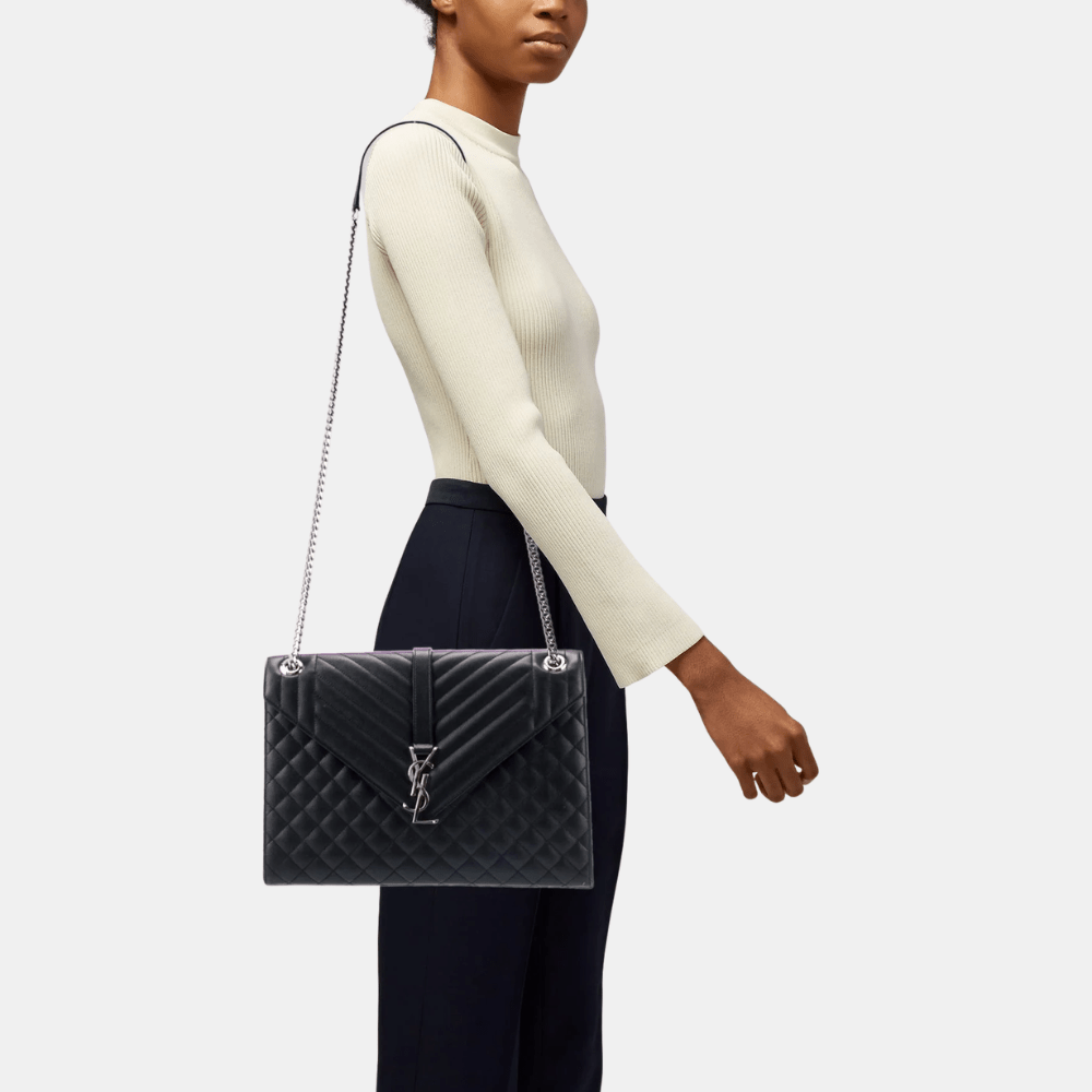Saint Laurent Large Envelope Shoulder Bag (Black/Silver)
