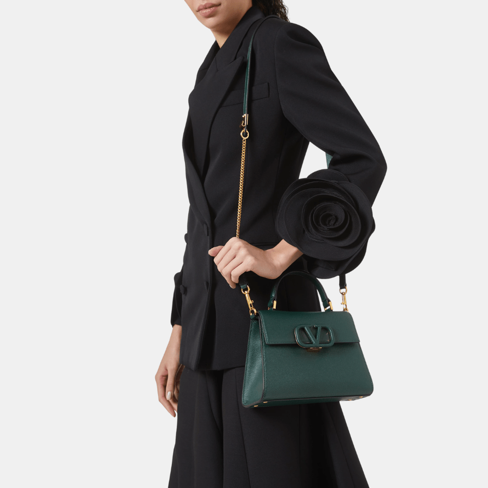 Valentino Small Vsling Grainy Calfskin Handbag (English Green)