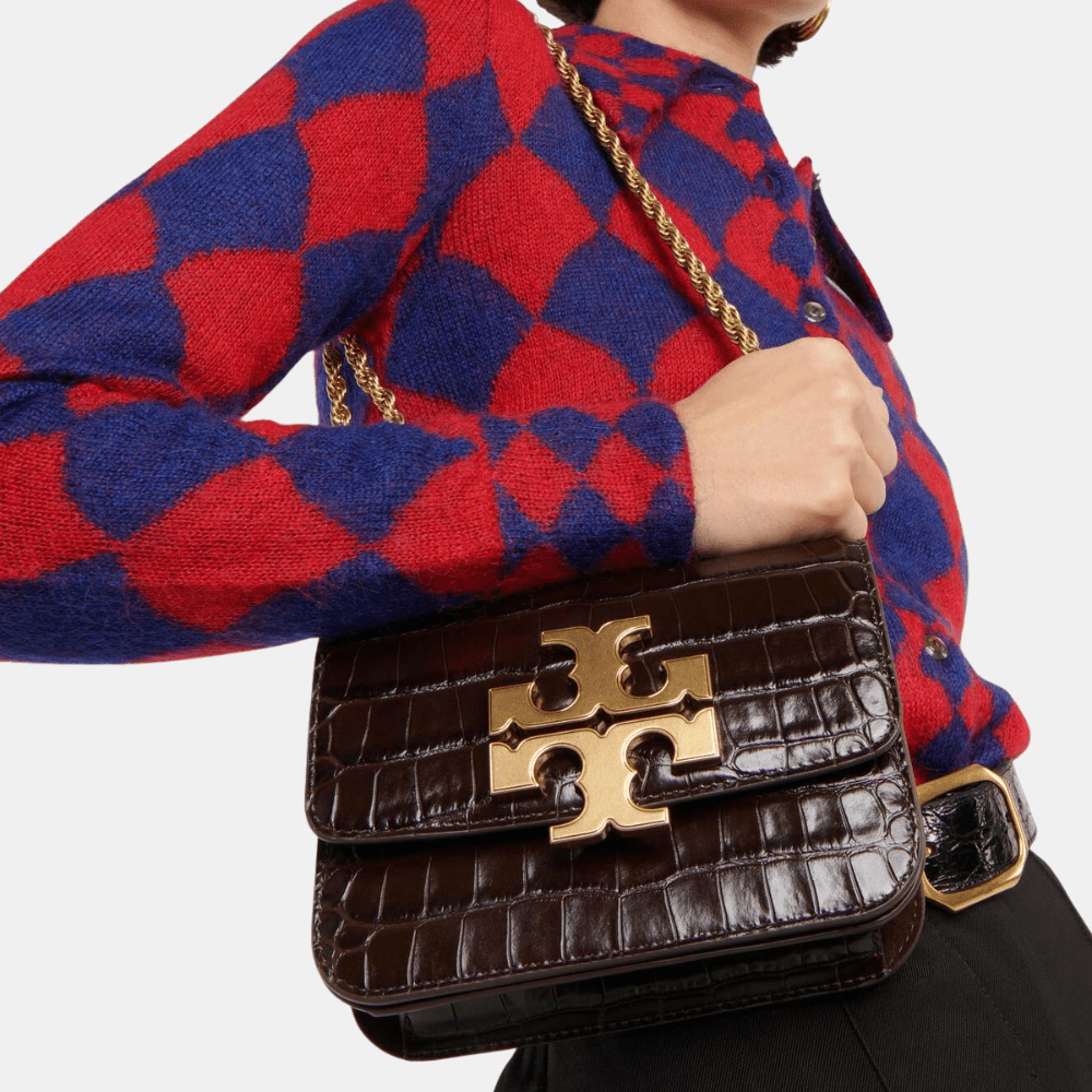 Tory Burch Eleanor Croc-Embossed Shoulder Bag (Dark Mahogany)