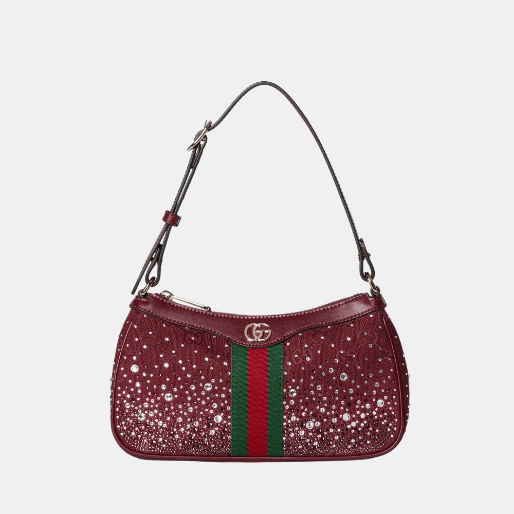 Gucci Ophidia Crystals Small Shoulder Bag In Rosso Ancora Red GG Canvas